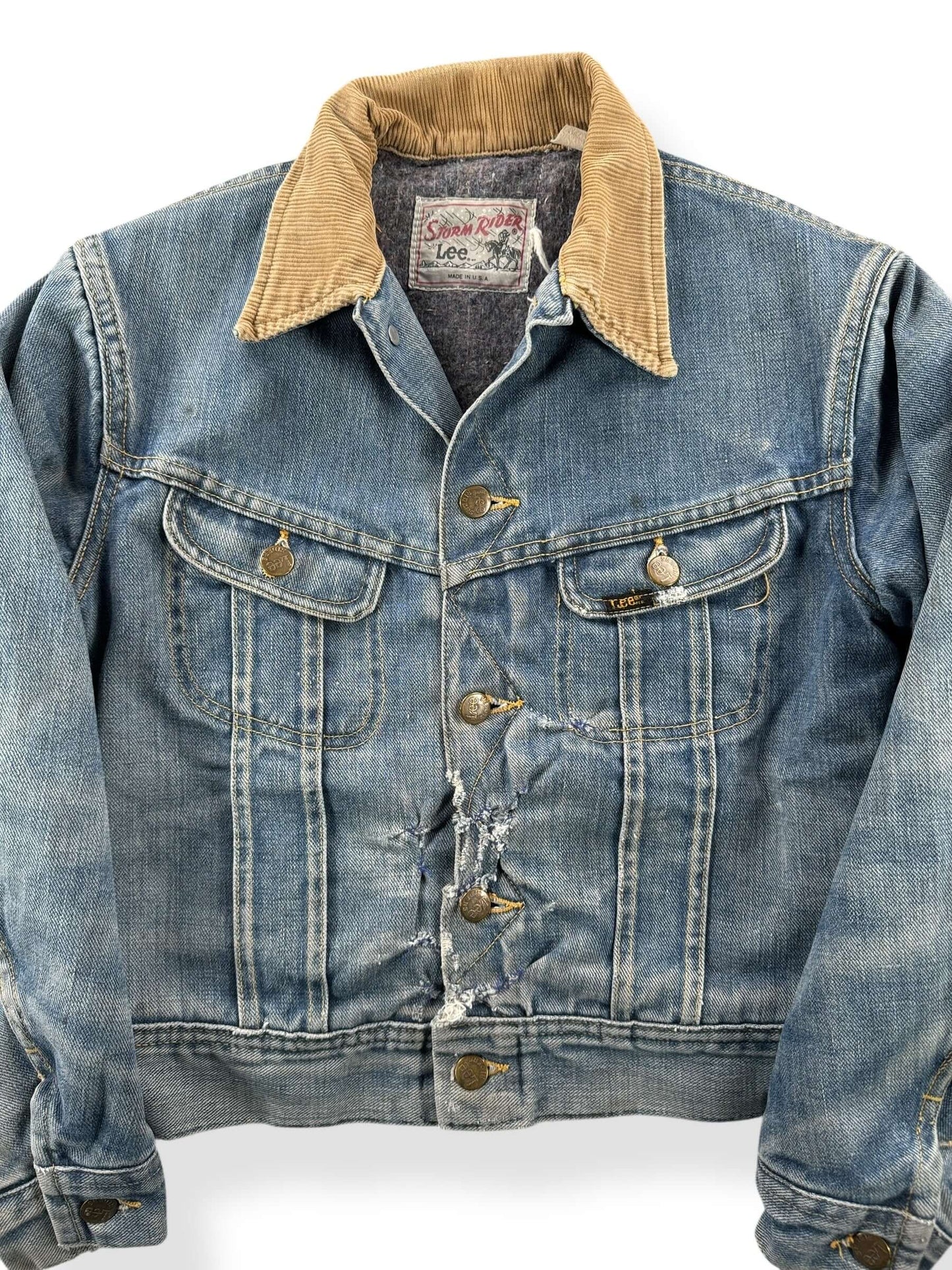 Front Close Up of Vintage Repaired Lee Storm Rider Jacket SZ XS AS IS