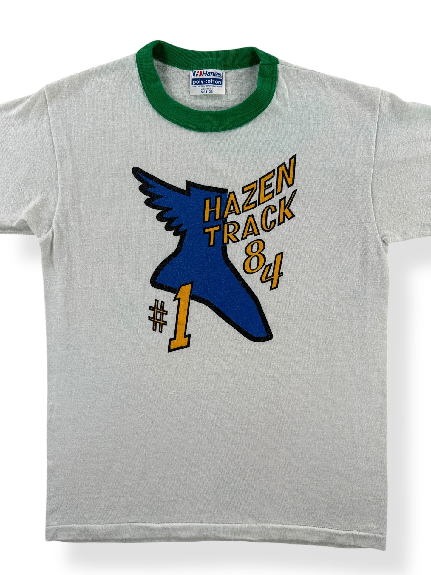 Front Close Up of Vintage Hazen Track Ringer Tee SZ XS