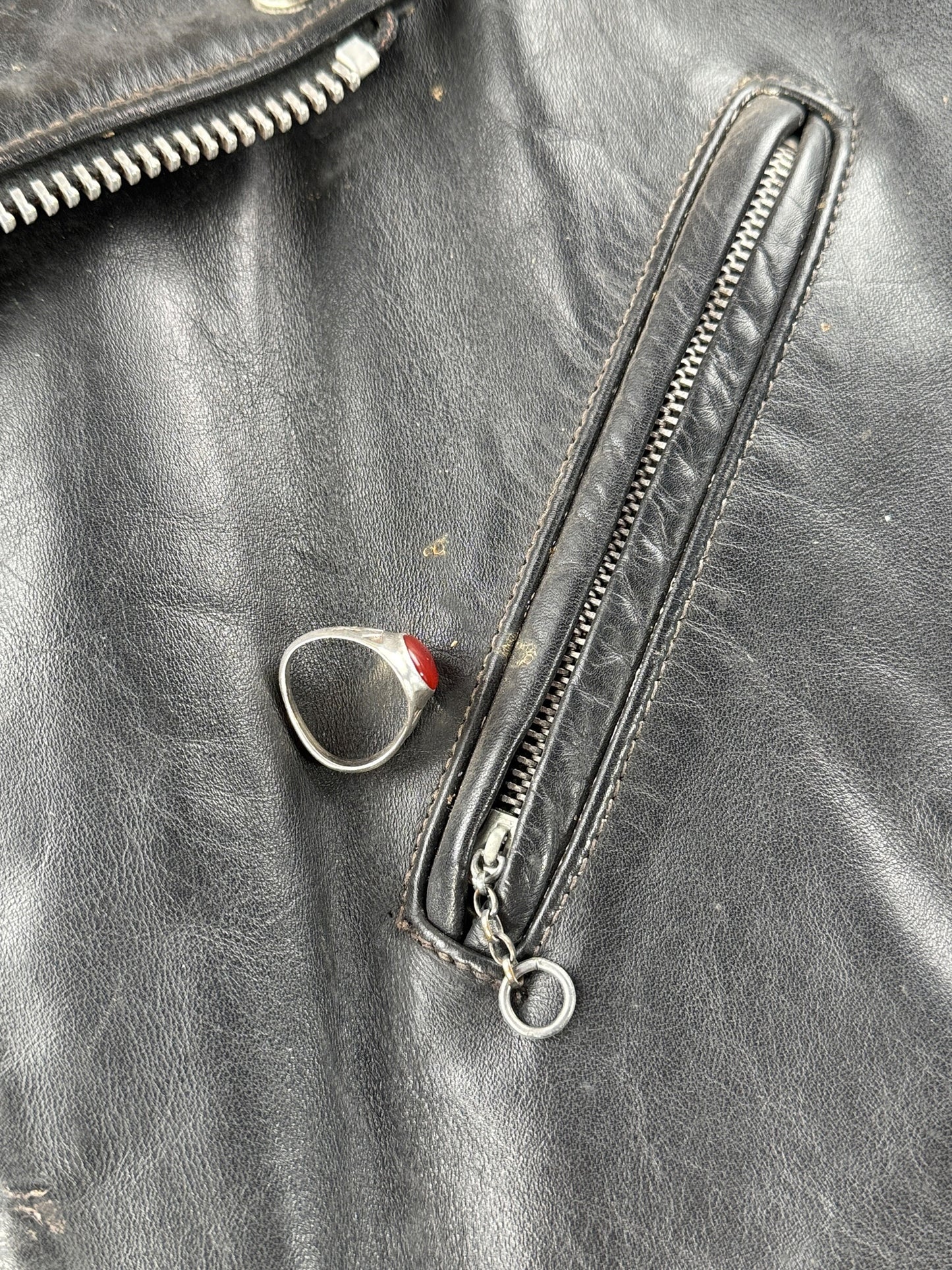 Gunk on pocket of Vintage 80s Era Schott Perfecto Leather Jacket SZ 44