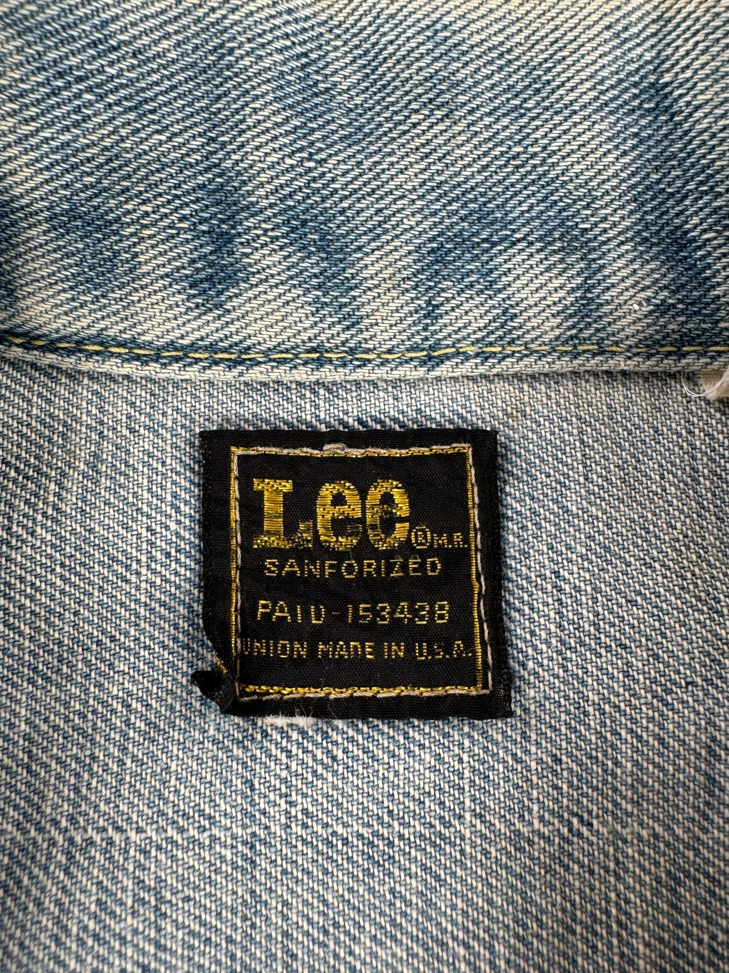 Label on Vintage Lee Union Made 101J Denim Trucker Jacket SZ L