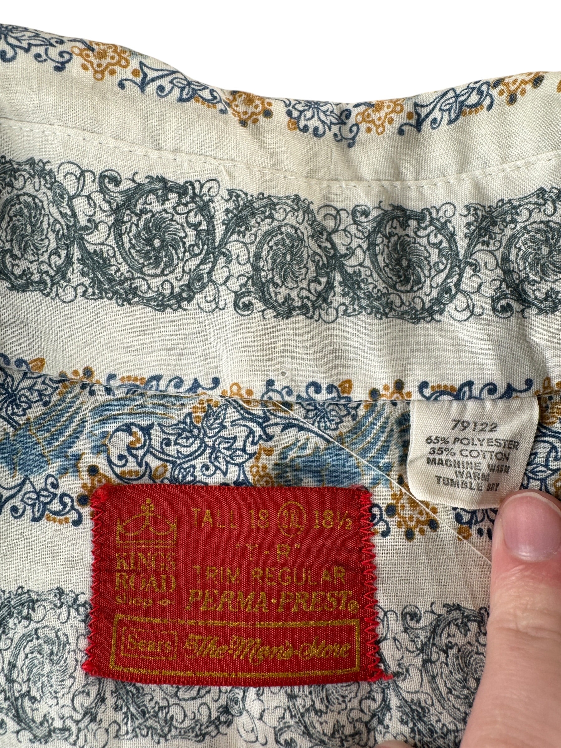 Label on Vintage Sears Kings Road Psychedelic Button Up Shirt SZ XXL (Fits XL)