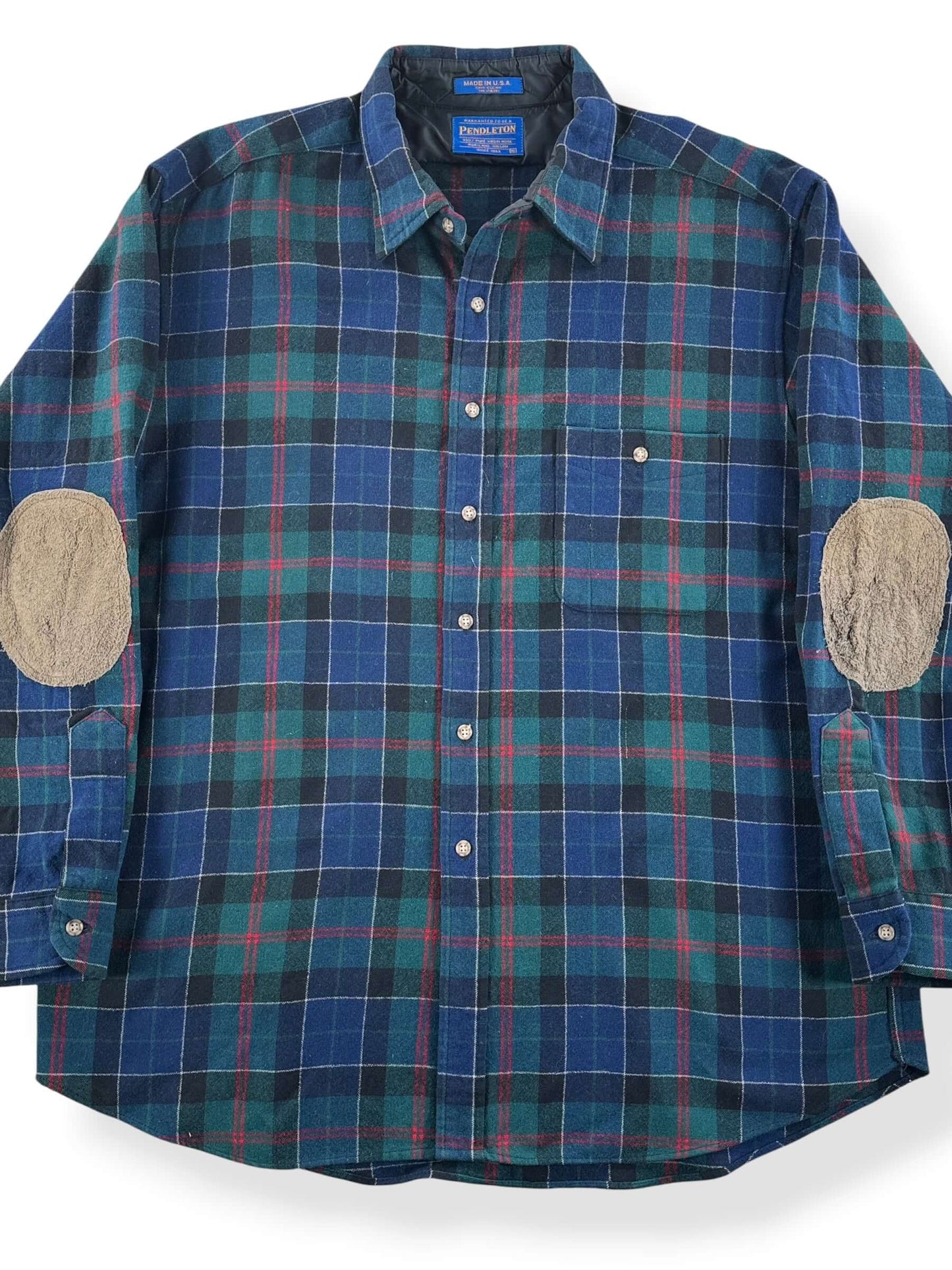 Front Close Up of Vintage Green & Navy Pendleton Flannel W/ Elbow Patches SZ XL