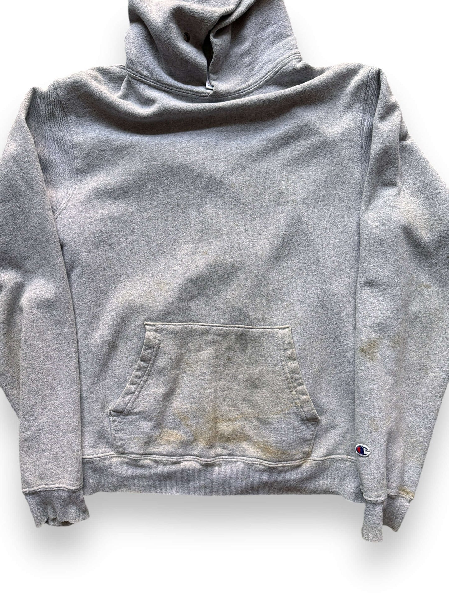 Front Detail on Vintage Champion Heather Grey Terry Fleece Hoodie SZ L