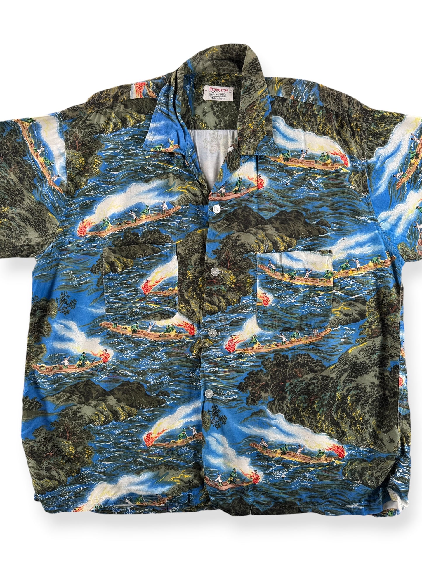 Front Close Up of Vintage Penney's Sailing Themed Aloha Shirt SZ XL
