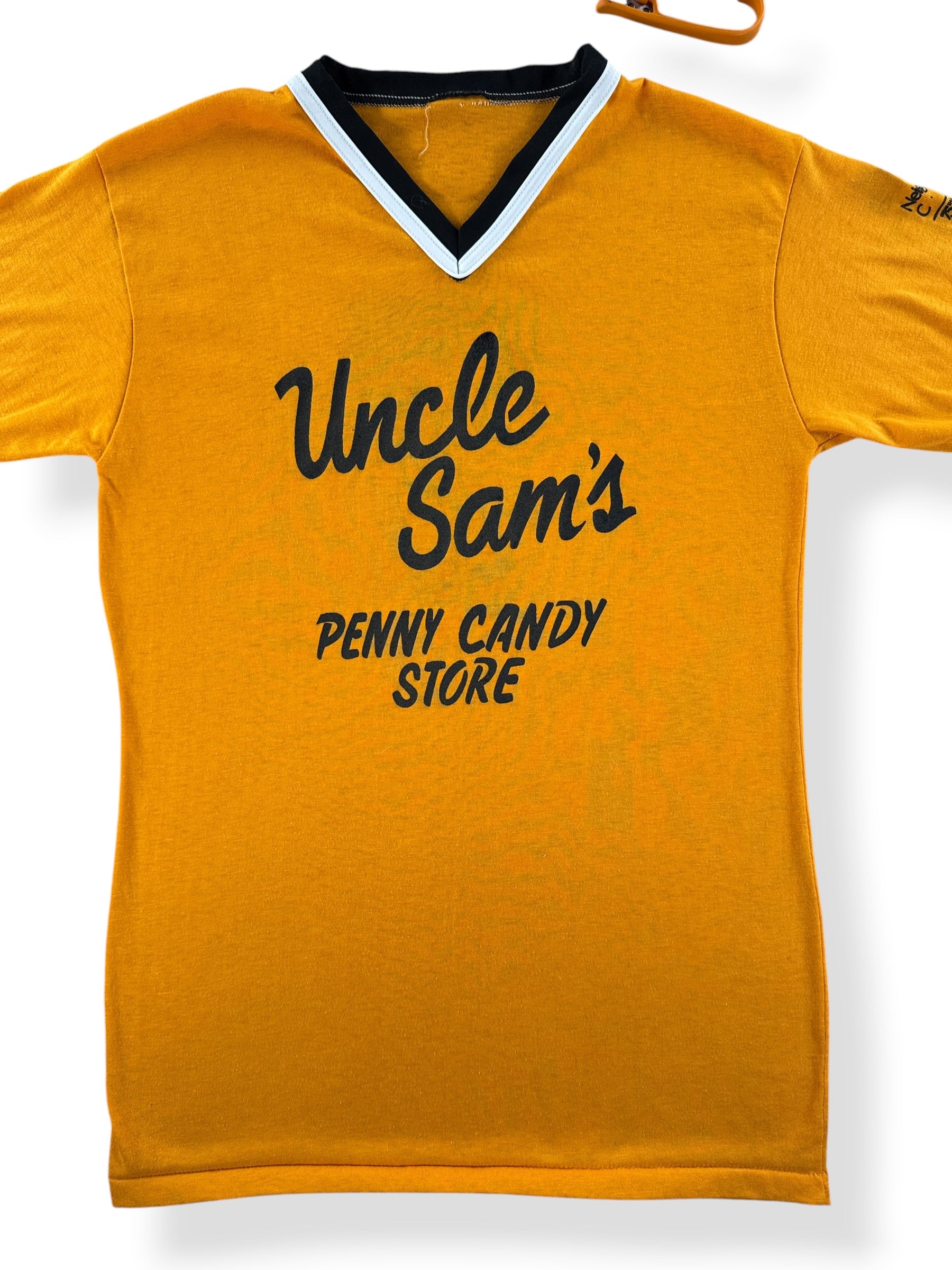 Front Close Up of Vintage Uncle Sam's Penny Candy Store Jersey SZ S