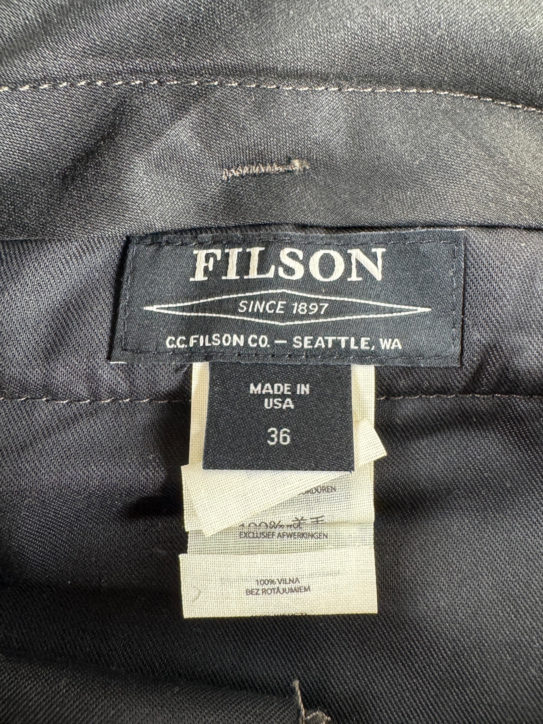 Label on Filson Forest Green Mackinaw Wool Field Pants W36 (Fits W38)