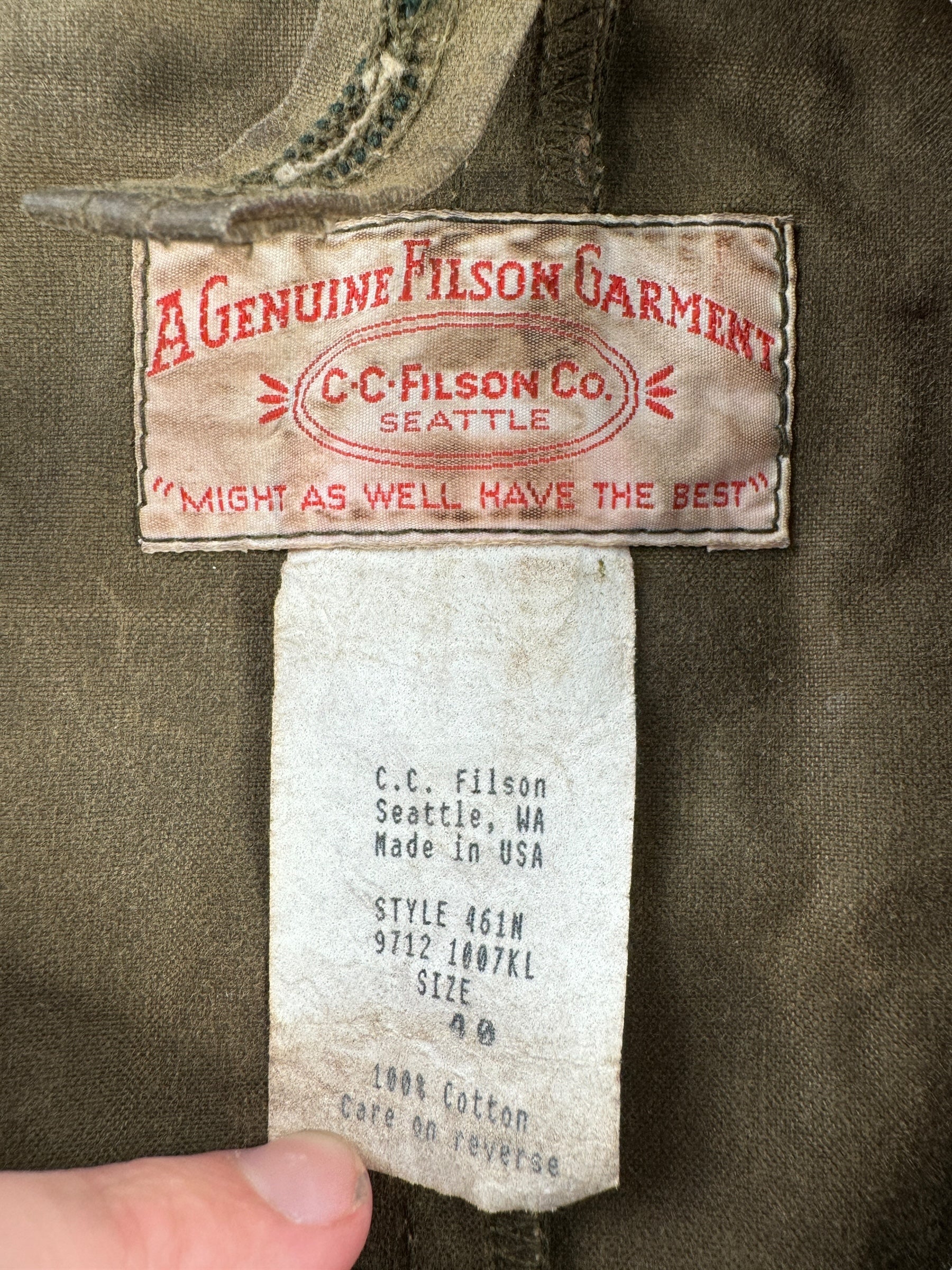 Tag on Vintage Filson Shelter Cloth Packer Coat SZ 40