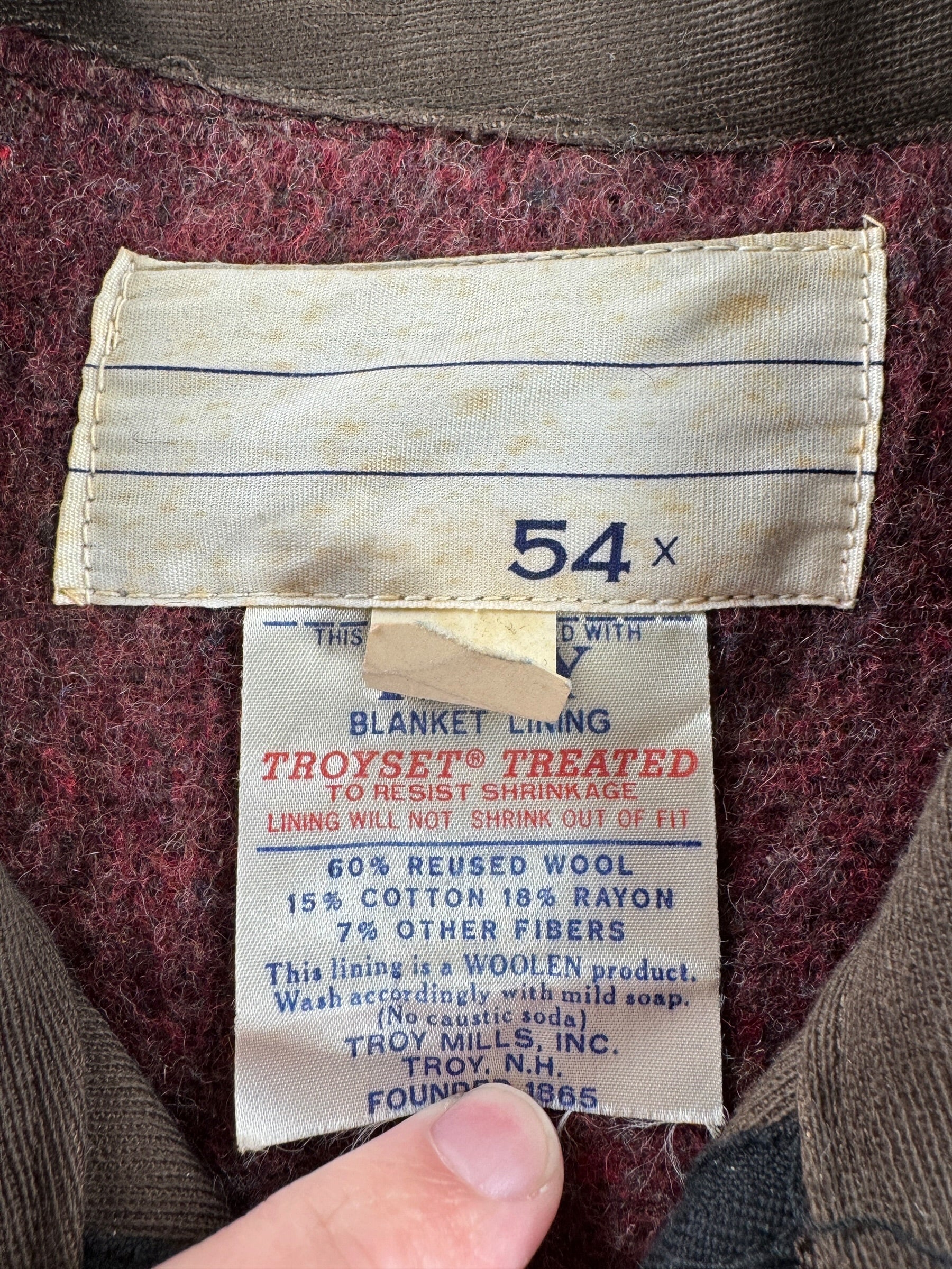 Tag on Vintage Brown Troy Blanket Lined Work Jacket SZ 54