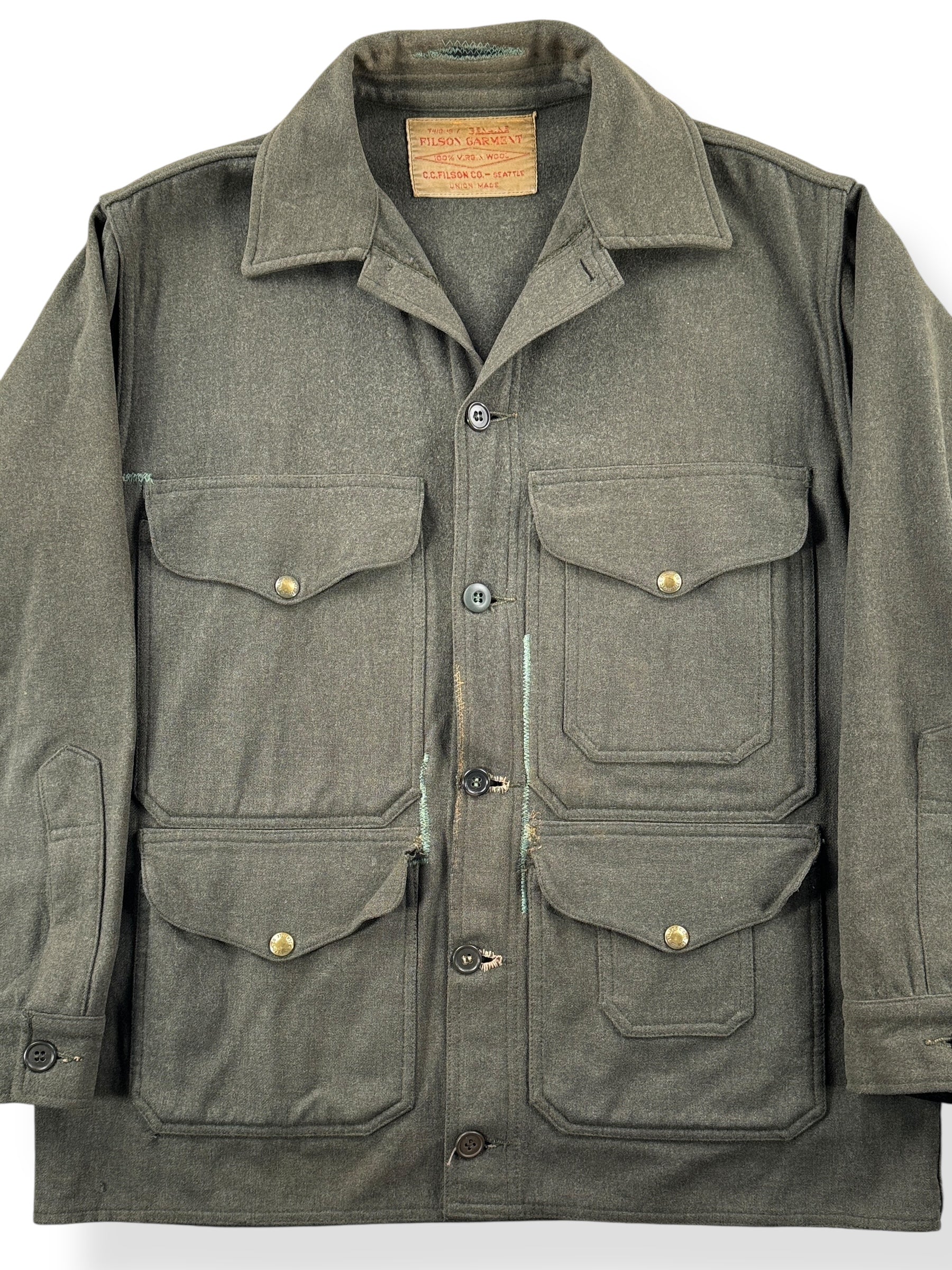 Front Close Up of Vintage 60’s Filson Green Wool Mackinaw Jacket W/ Repairs SZ L