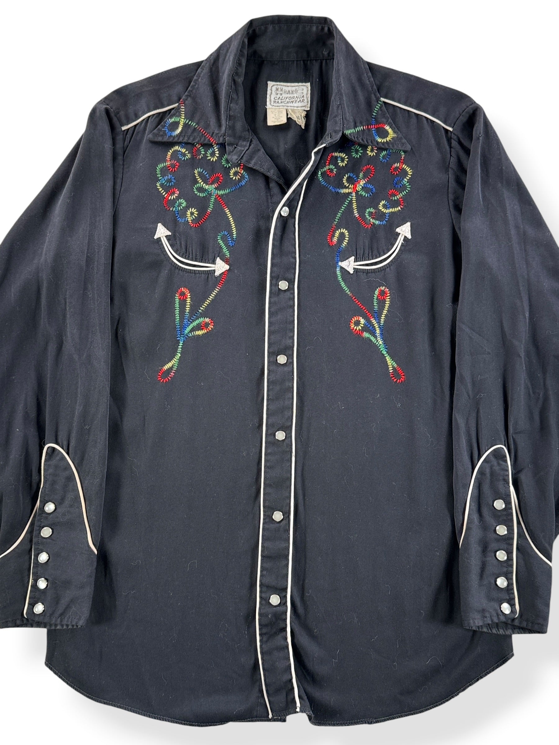Front Close Up of Vintage H Bar C Embroidered Black Pearlsnap SZ M