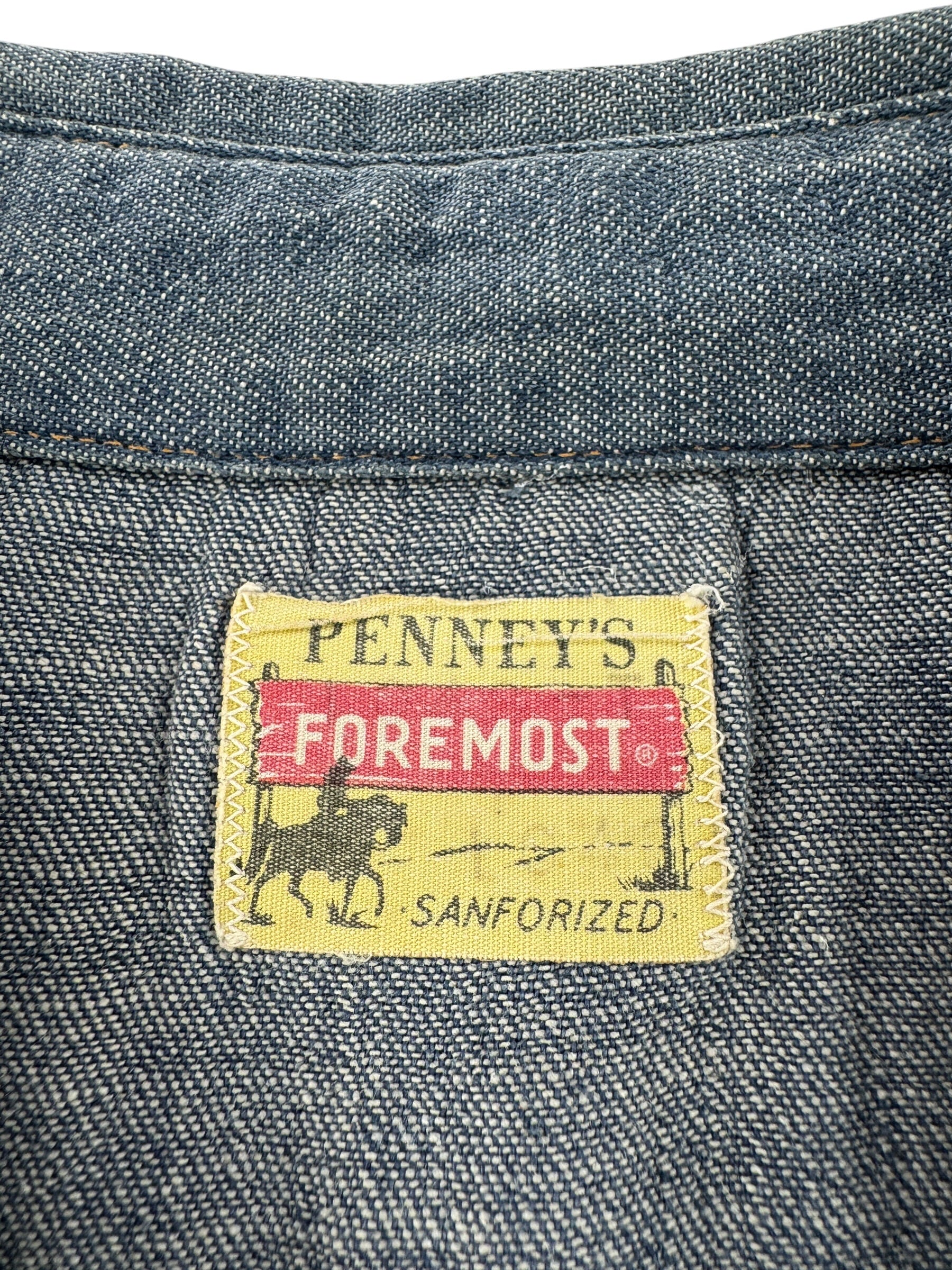 Label on Vintage 1950s Penny's Foremost Denim Western Shirt SZ XL