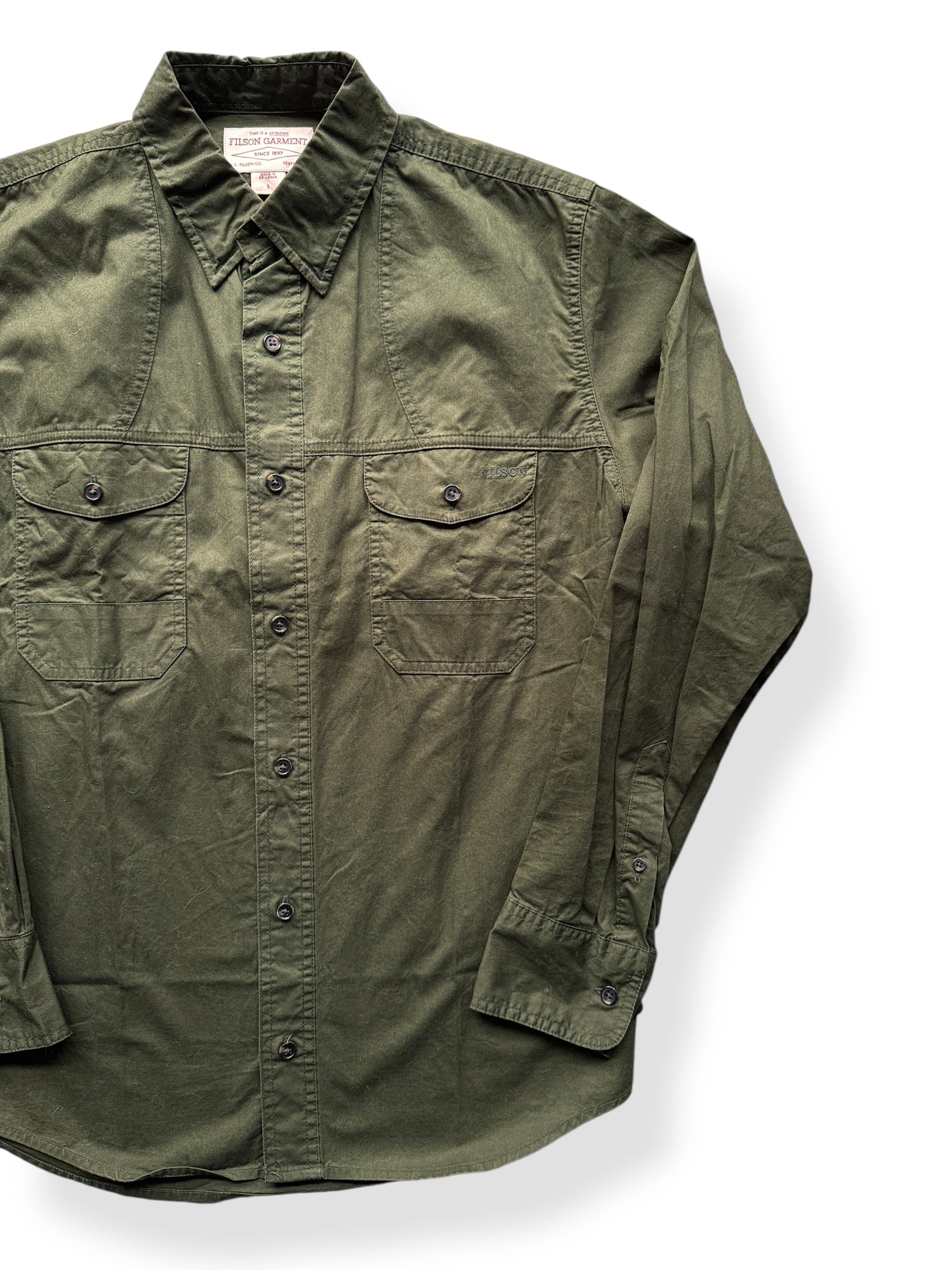 Front Left of Filson Olive Feather Cloth Shirt SZ S