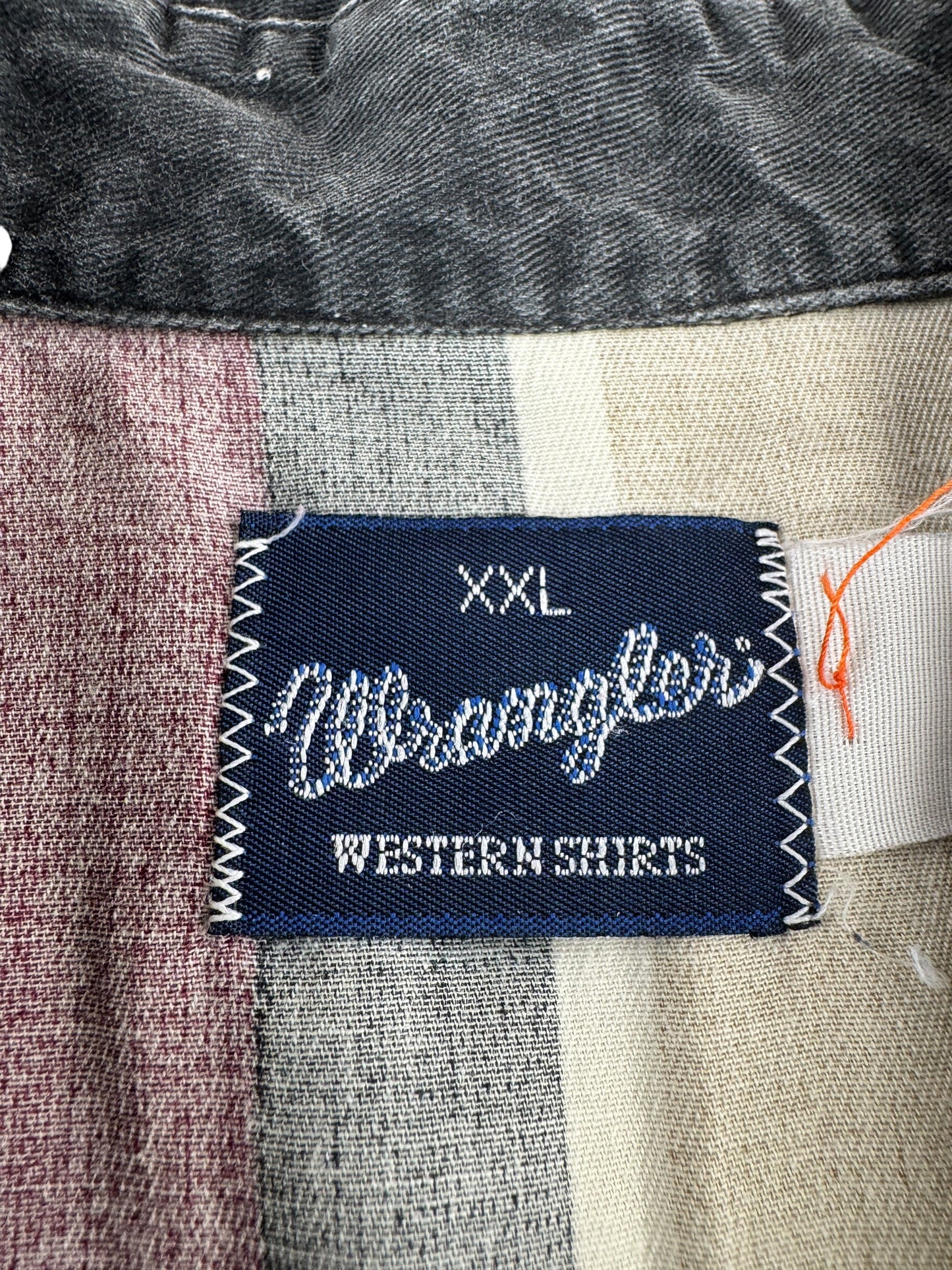 Label on Vintage Wrangler Brushpopper Pearl Snap SZ XXL