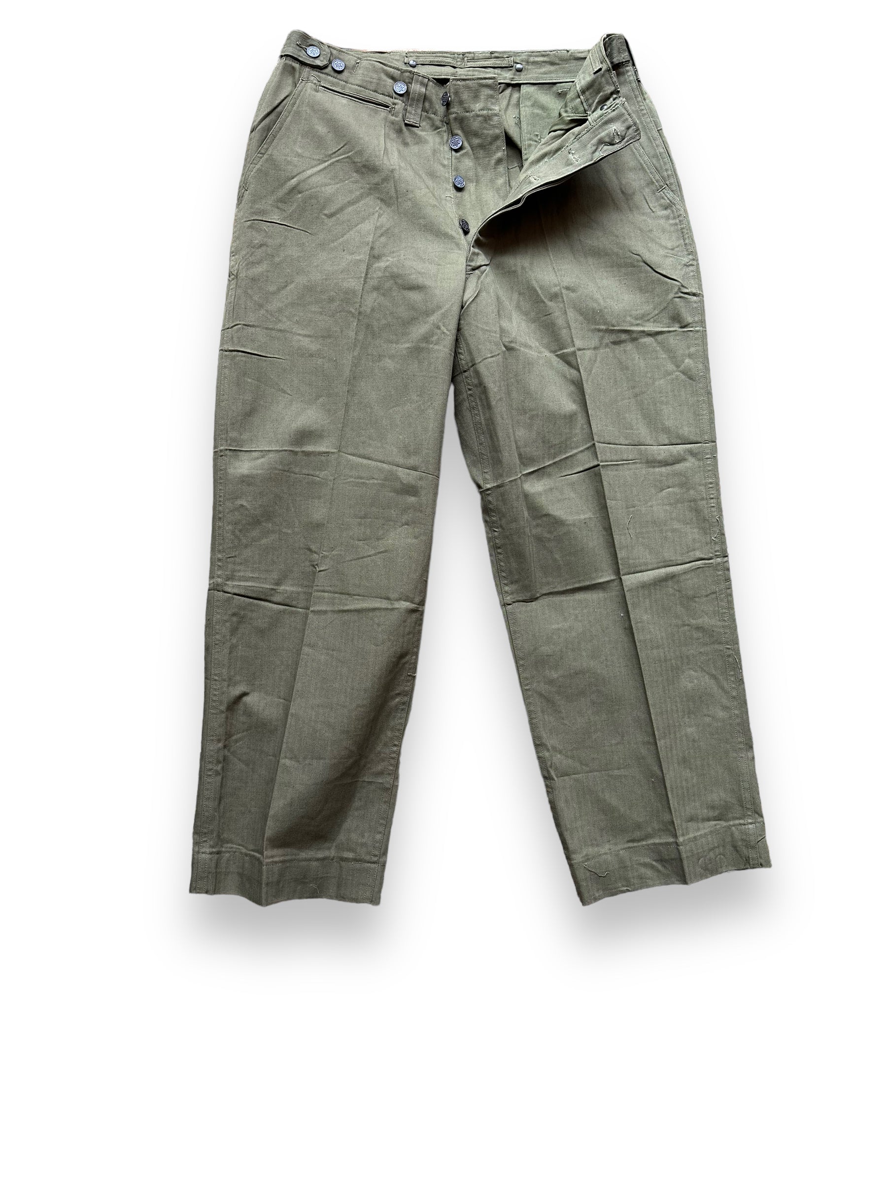 Unbuttoned Front View of Vintage WWII M-43 HBT Field Cotton Trousers Olive Drab W34 | Barn Owl Vintage Seattle | Vintage Military Trousers Seattle