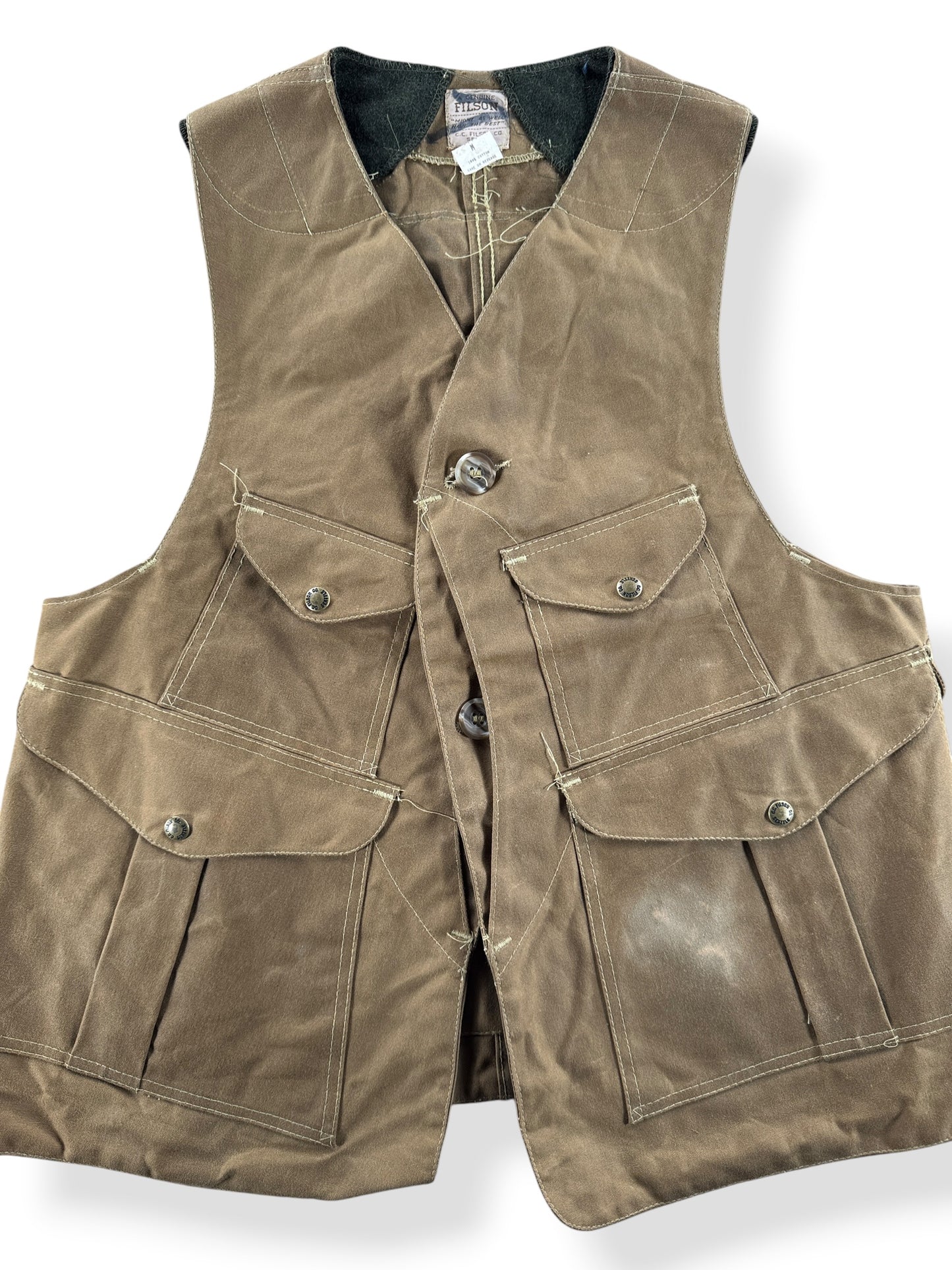 Front Close Up of Vintage Filson Half Moon Tin Cloth Hunting Vest SZ M