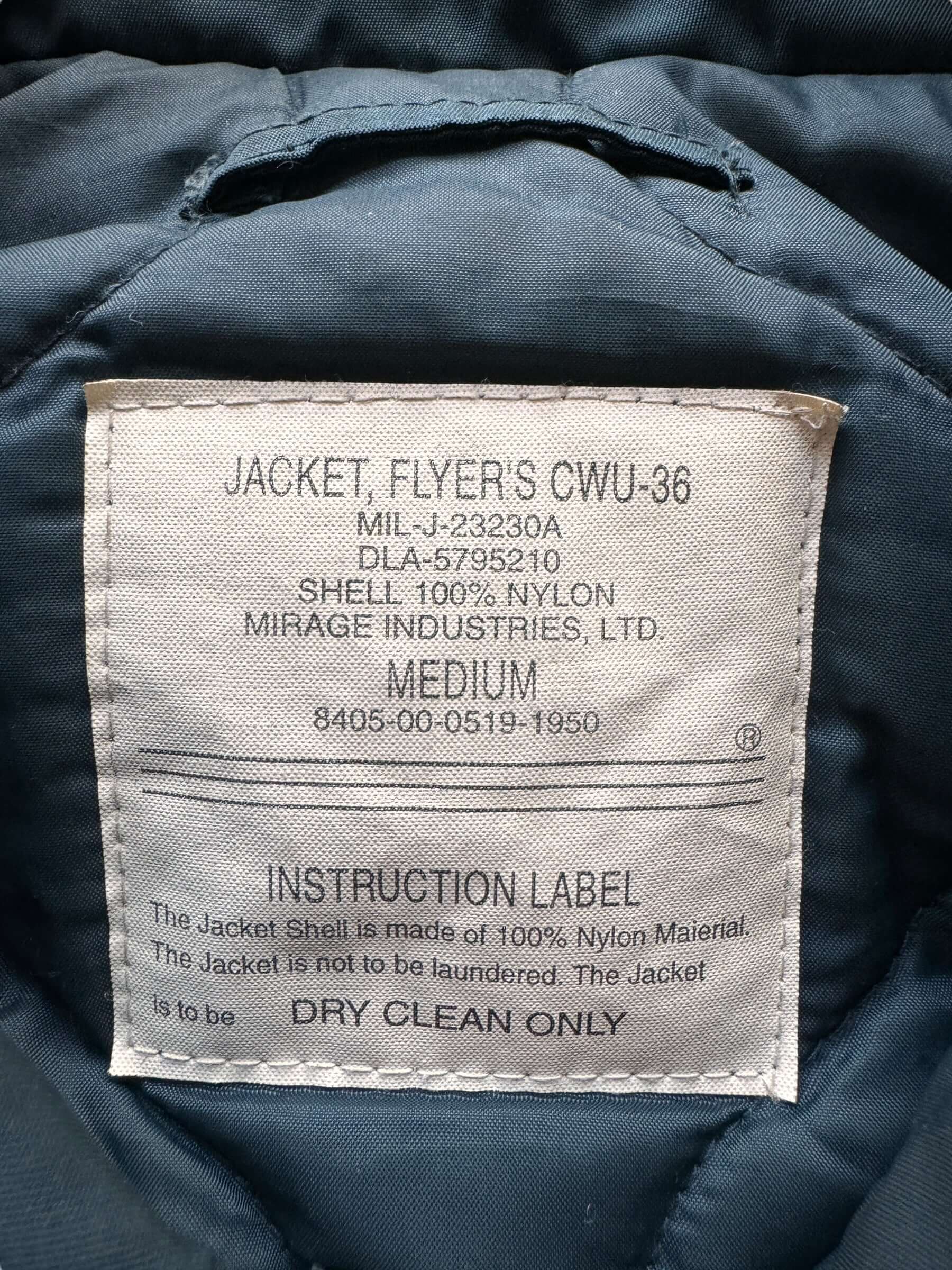 tag on Vintage CWU-36 Navy Blue Flight Jacket SZ L