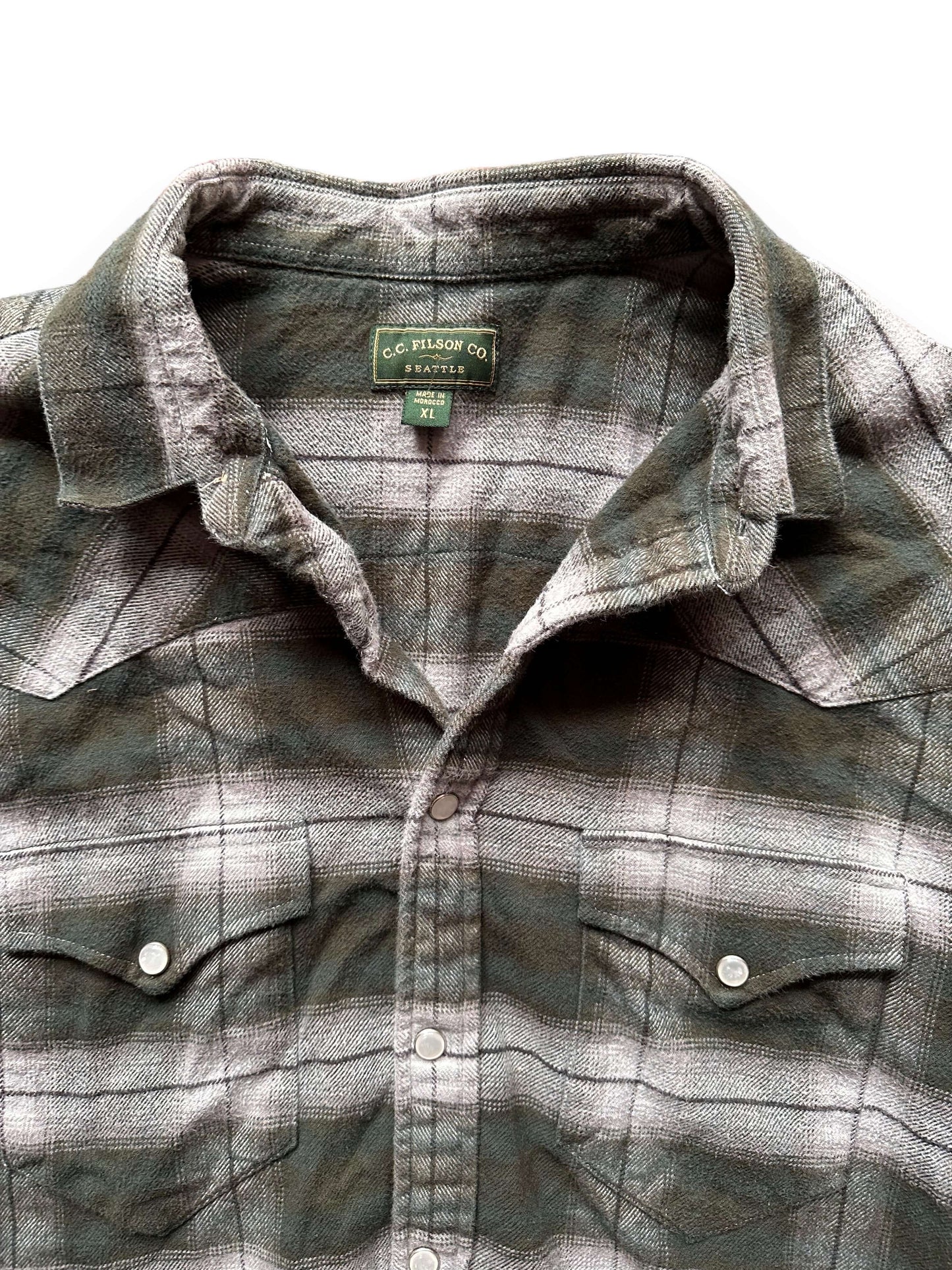 Upper Front View of Filson Green Label Pearl Snap SZ XL |  Barn Owl Vintage Goods | Vintage Filson Workwear Seattle