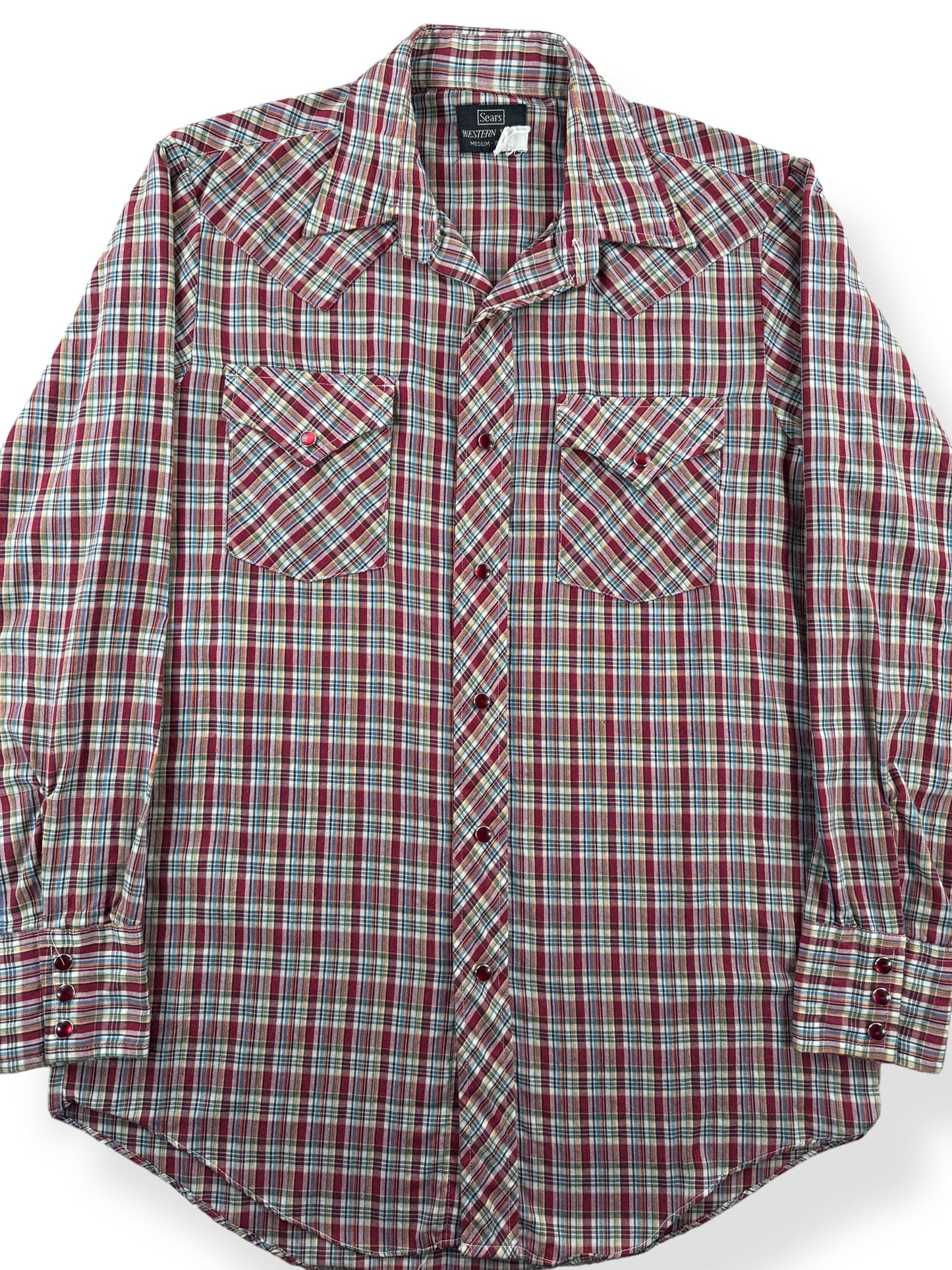 Front Close Up of Vintage Sears Western Wear Pearl Snap Shirt SZ M