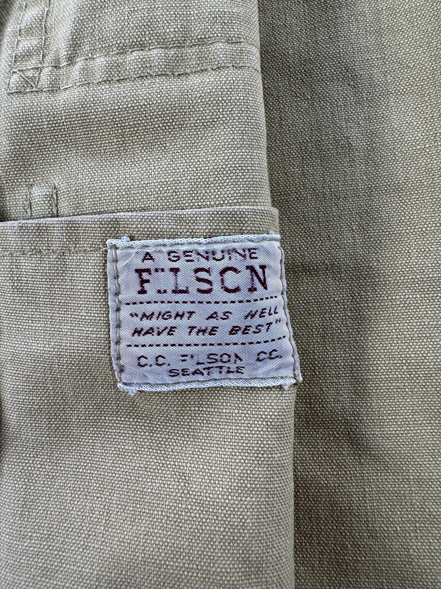 Label on Vintage Filson Style 8 Dry Tin Vest SZ 44