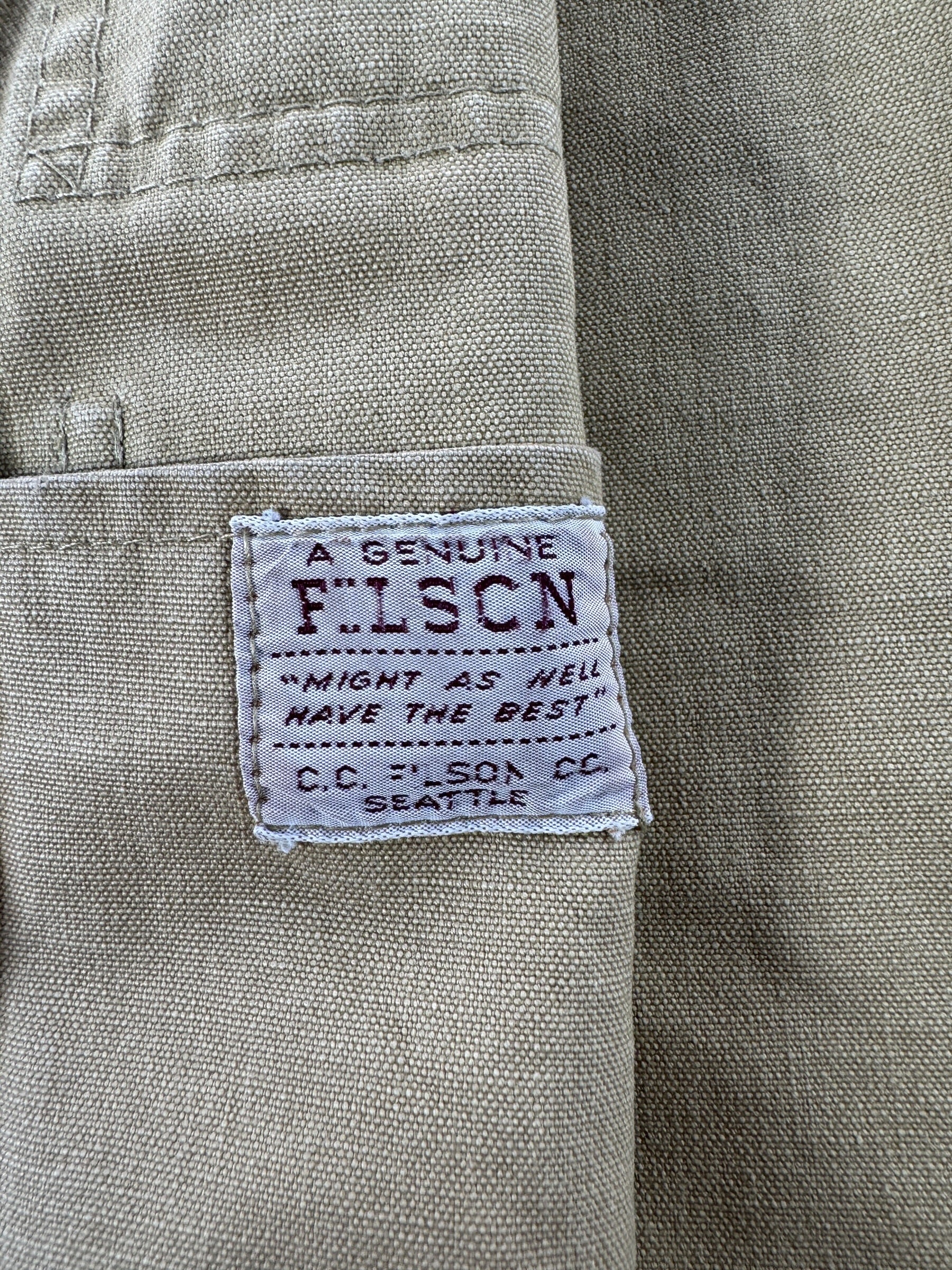 Label on Vintage Filson Style 8 Dry Tin Vest SZ 44