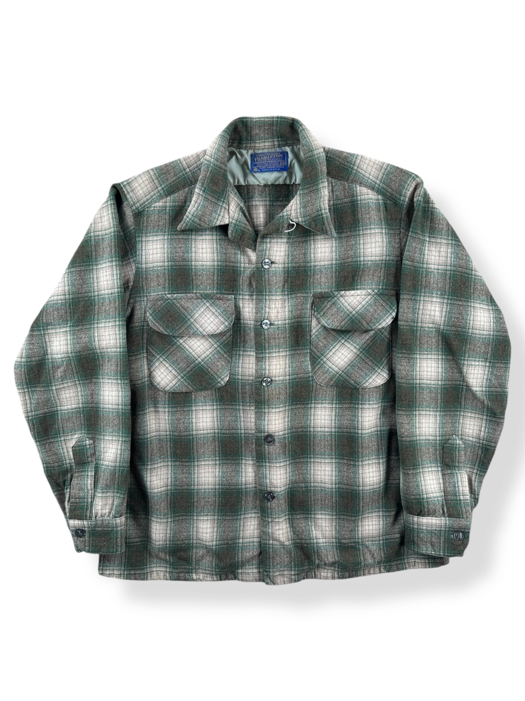 Front of Vintage Pendleton Green and Tan Board Shirt SZ M