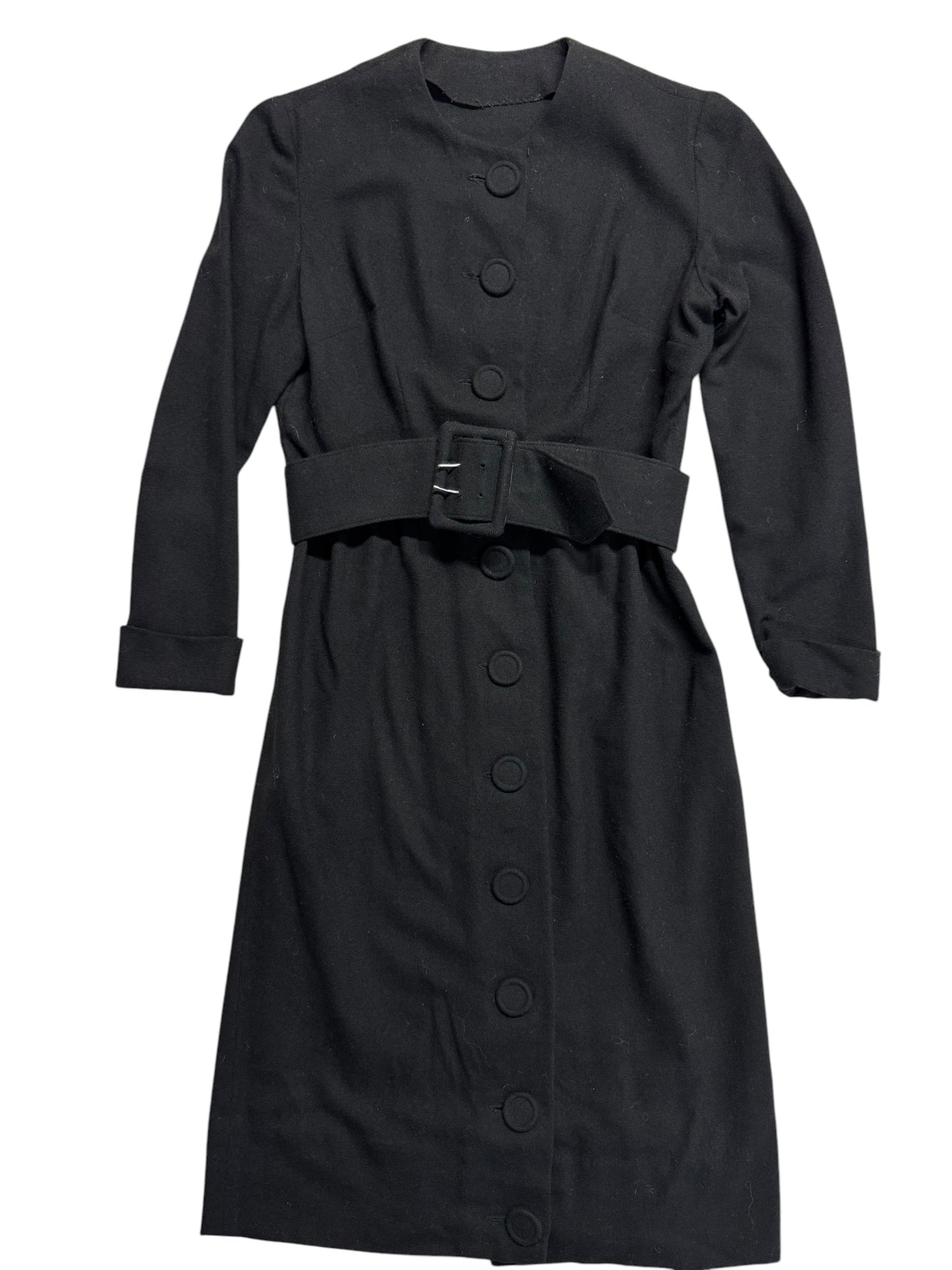 Front view of 1960s Black Wool Button Up Dress S