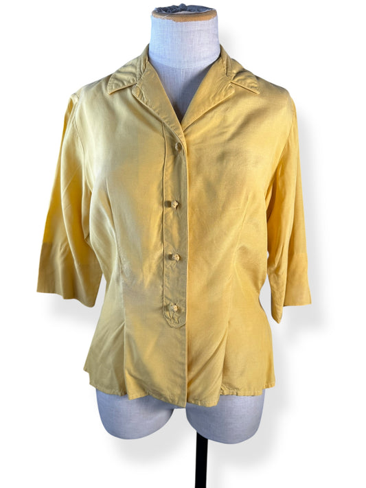 Front view of 1950s Yellow Dynasty Silk Top M