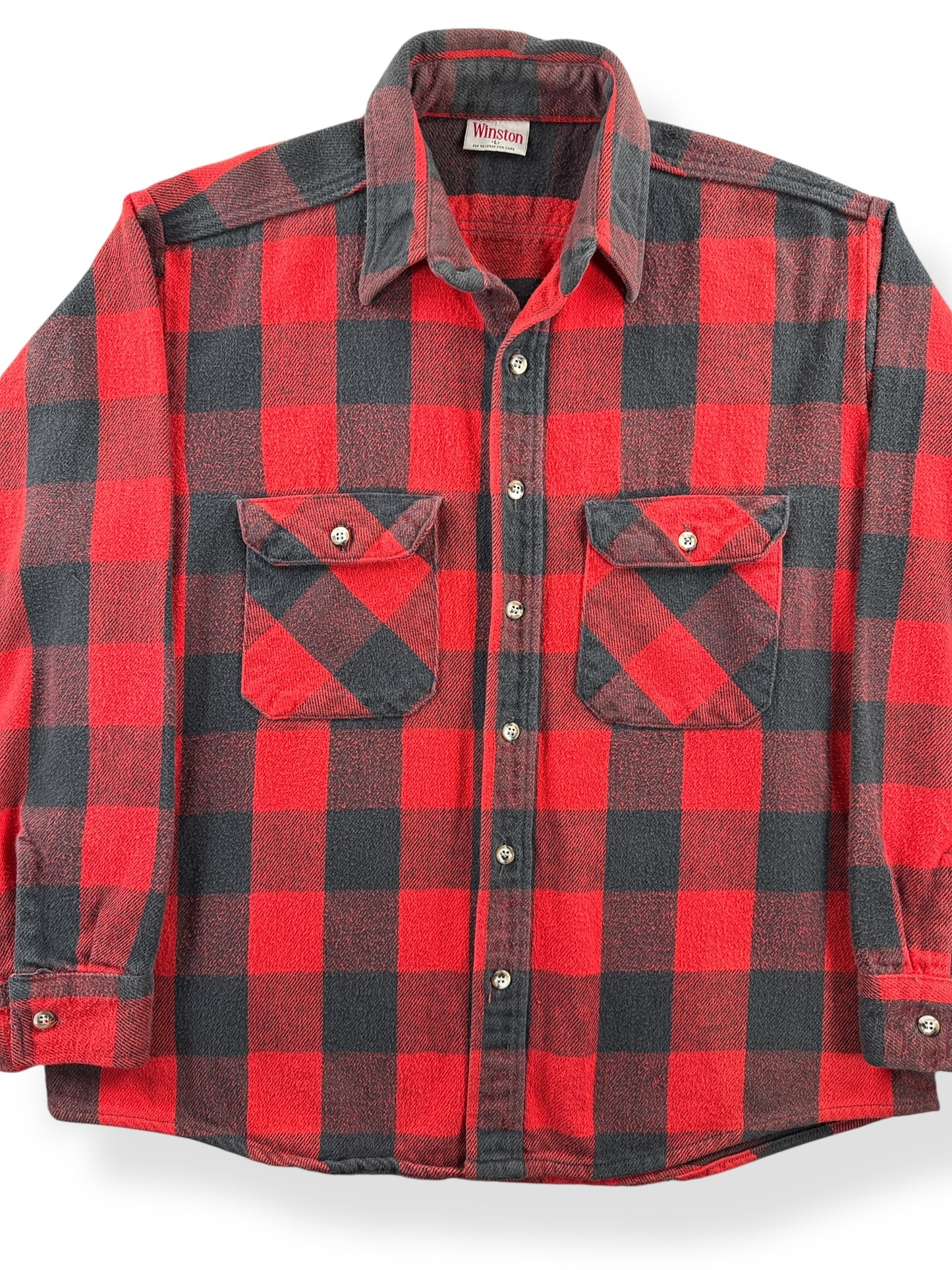 Front Close Up of Vintage Winston Red & Black Cotton Flannel SZ L