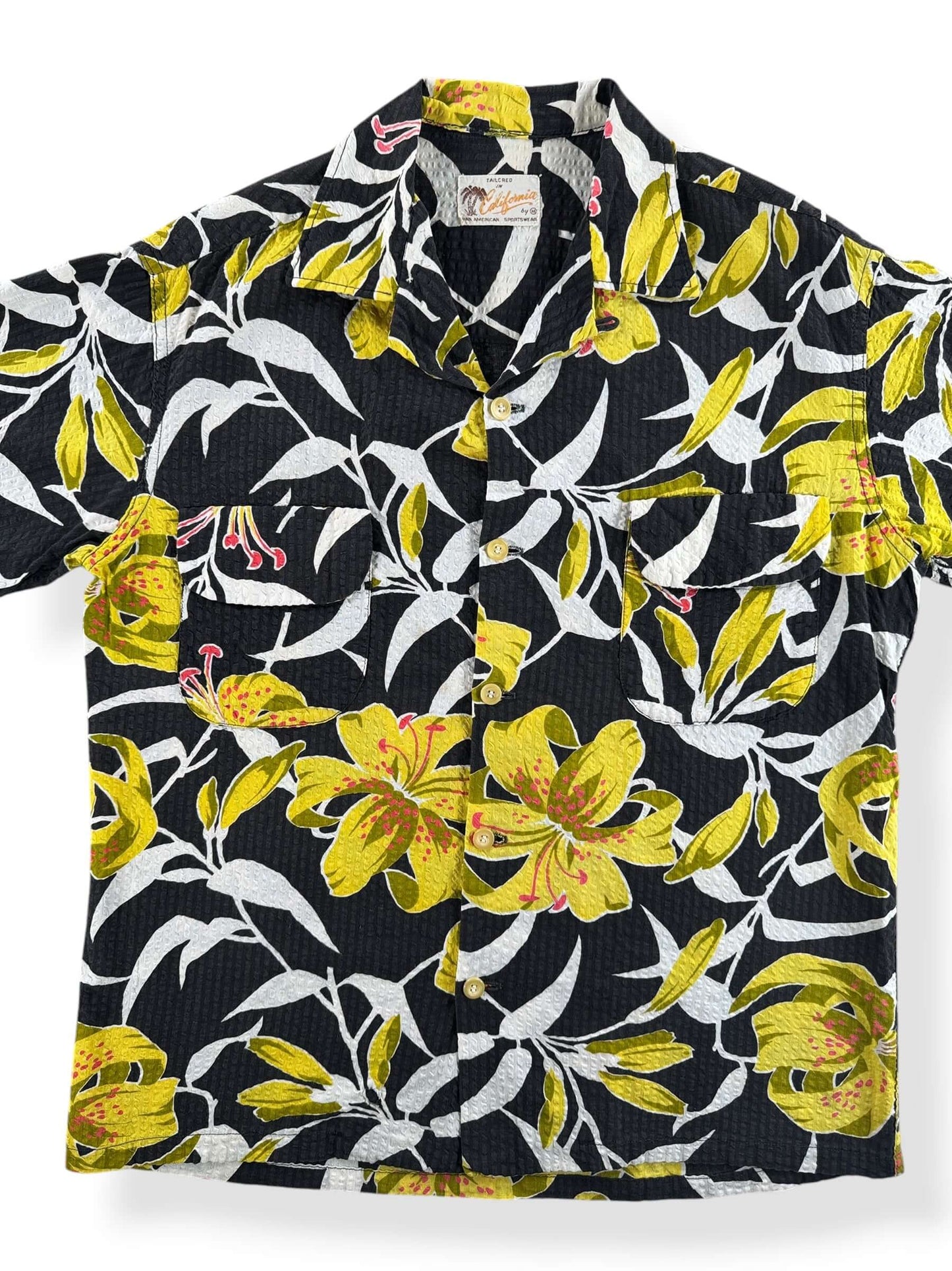 Front Close Up of Vintage Pan American Sportswear Black Floral Crepe Aloha Shirt SZ M
