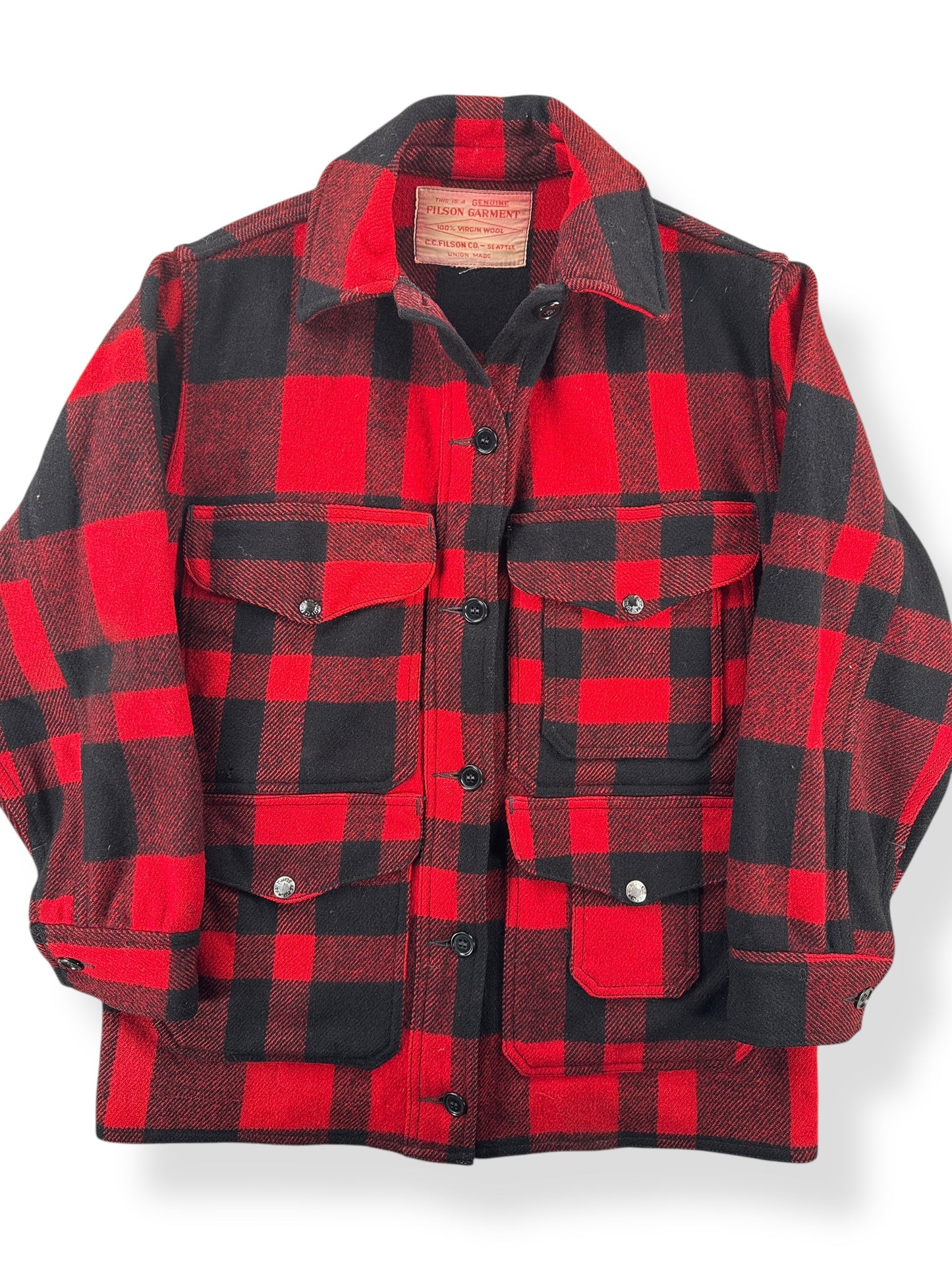 Front Close Up of Vintage 60s Era Filson Red And Black Mackinaw Cruiser Jacket SZ 38
