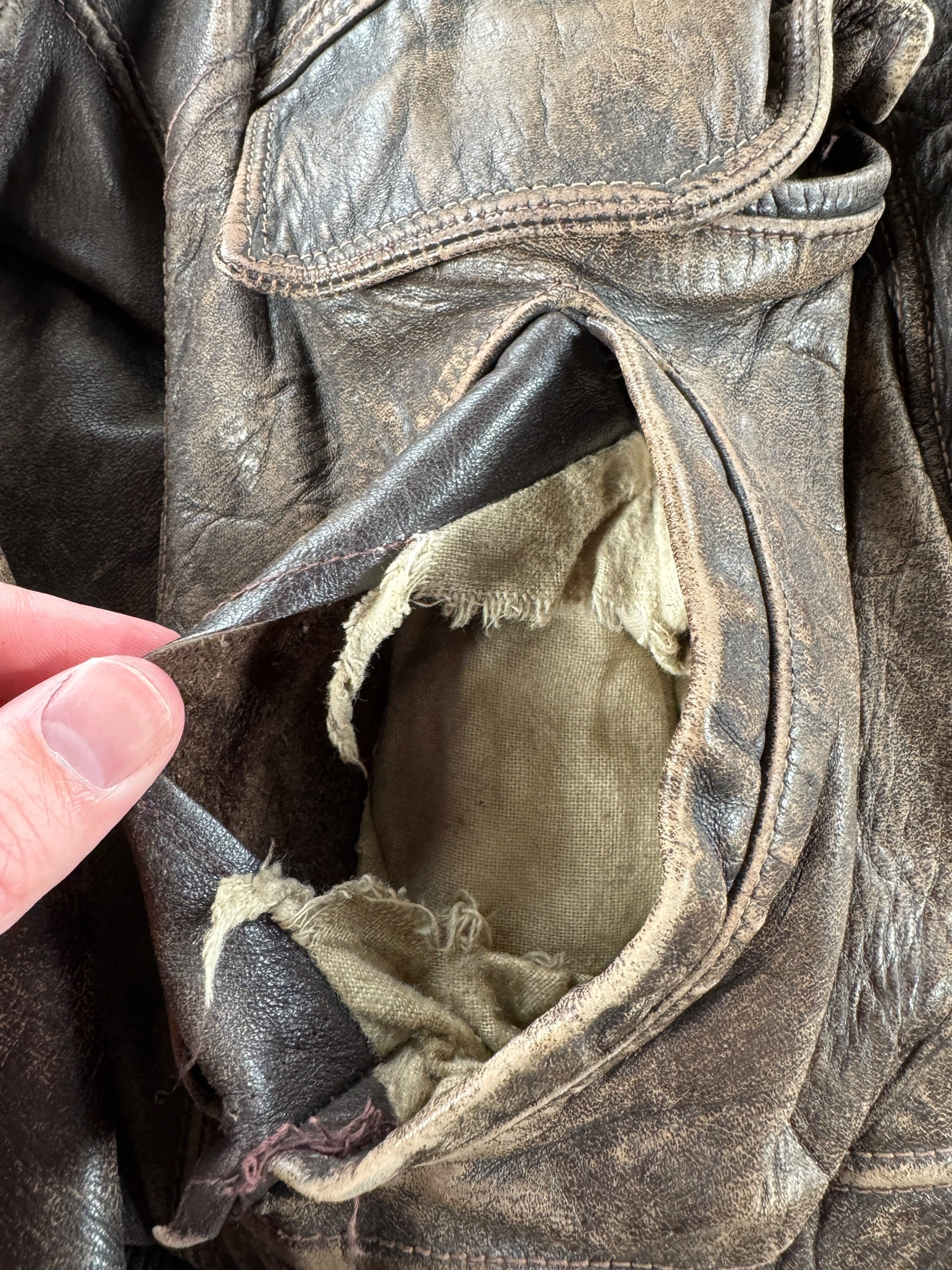Hole in Pocket on Vintage Delong Sportswear Horsehide Leather Jacket SZ 40