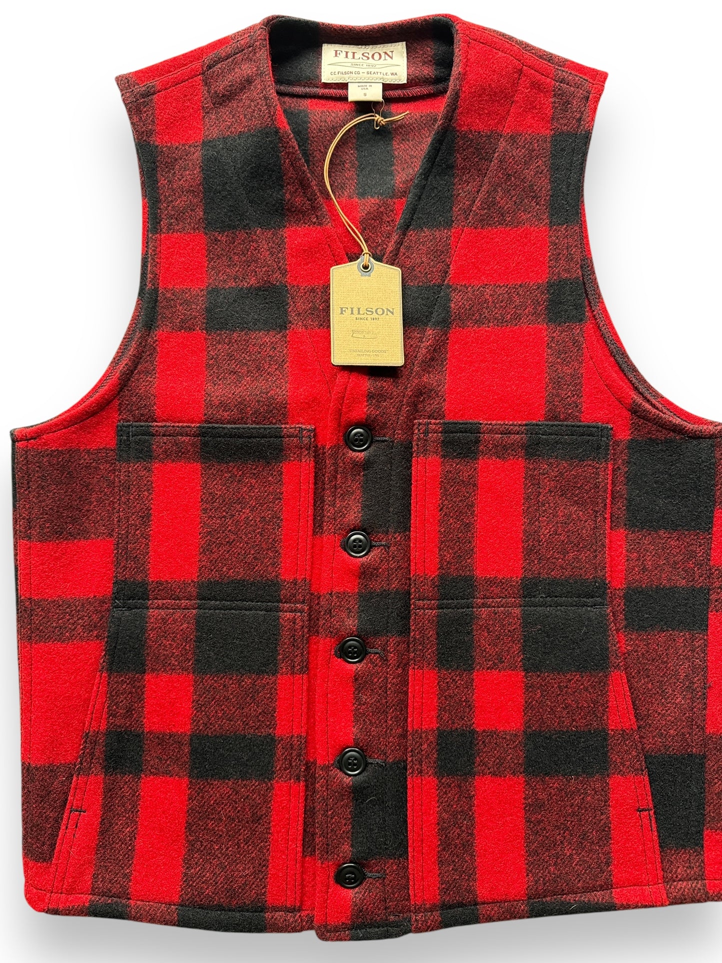 Front Close Up of NWT Filson Mackinaw Black and Red Vest SZ S