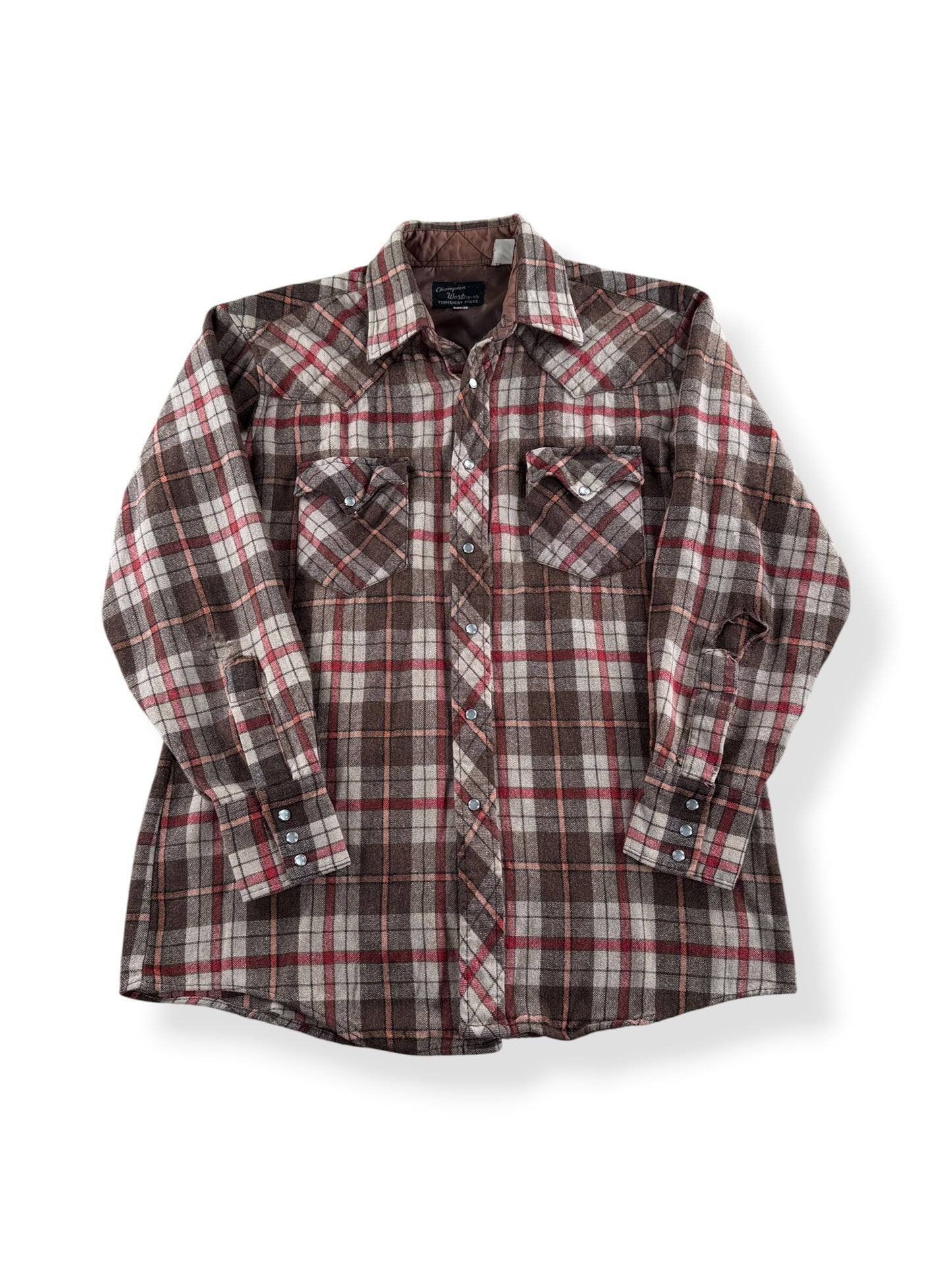 Front of Vintage Champion Westerns Wool Flannel Pearlsnap SZ 16 1/2 - AS IS