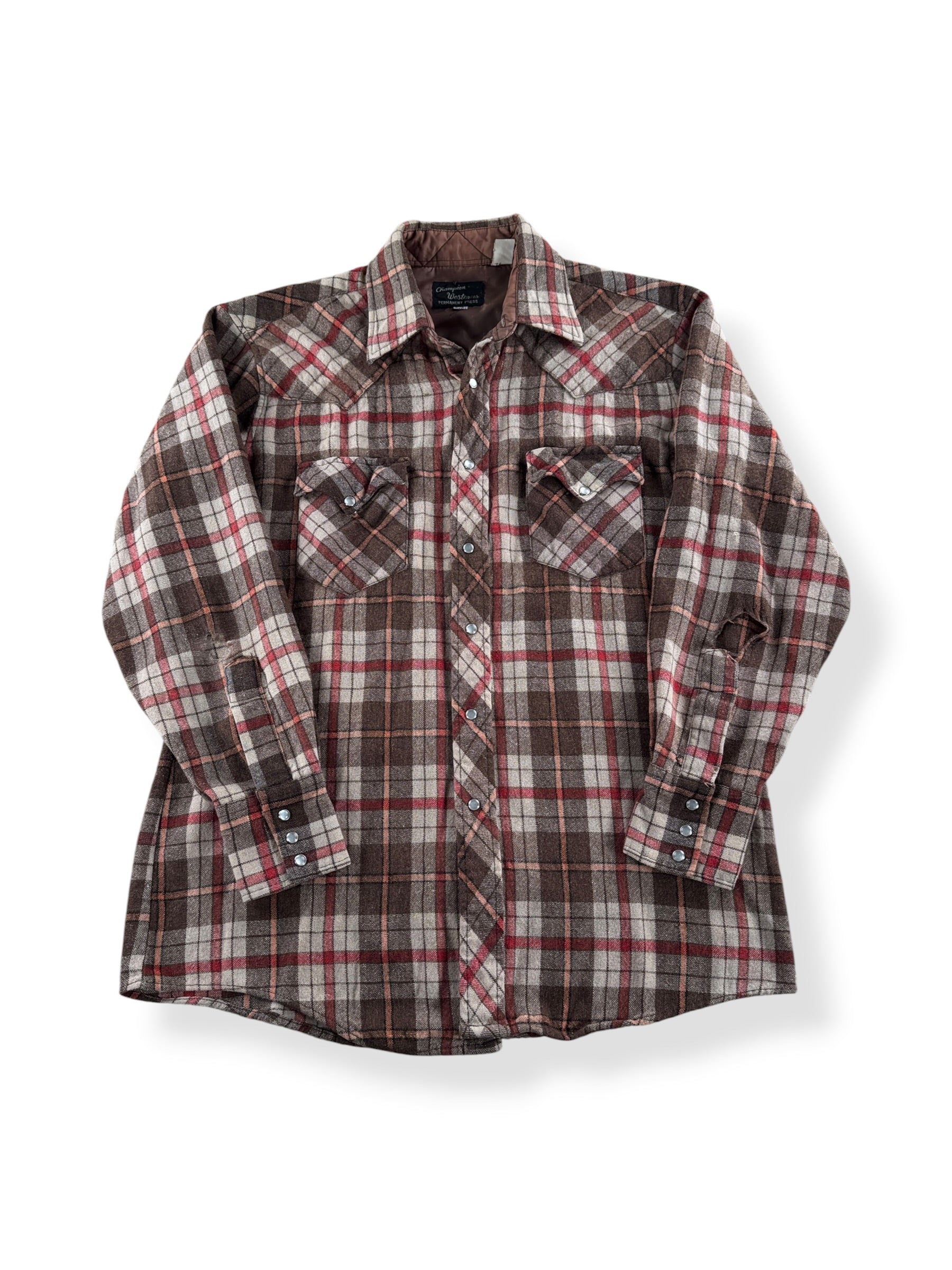 Front of Vintage Champion Westerns Wool Flannel Pearlsnap SZ 16 1/2 - AS IS