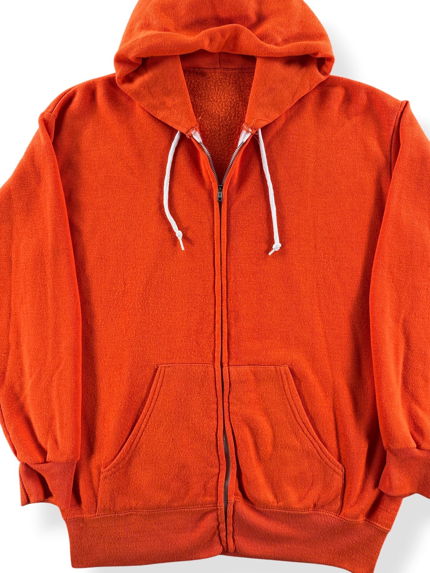 Front Close Up of Vintage Orange Zip Up Hoodie SZ L