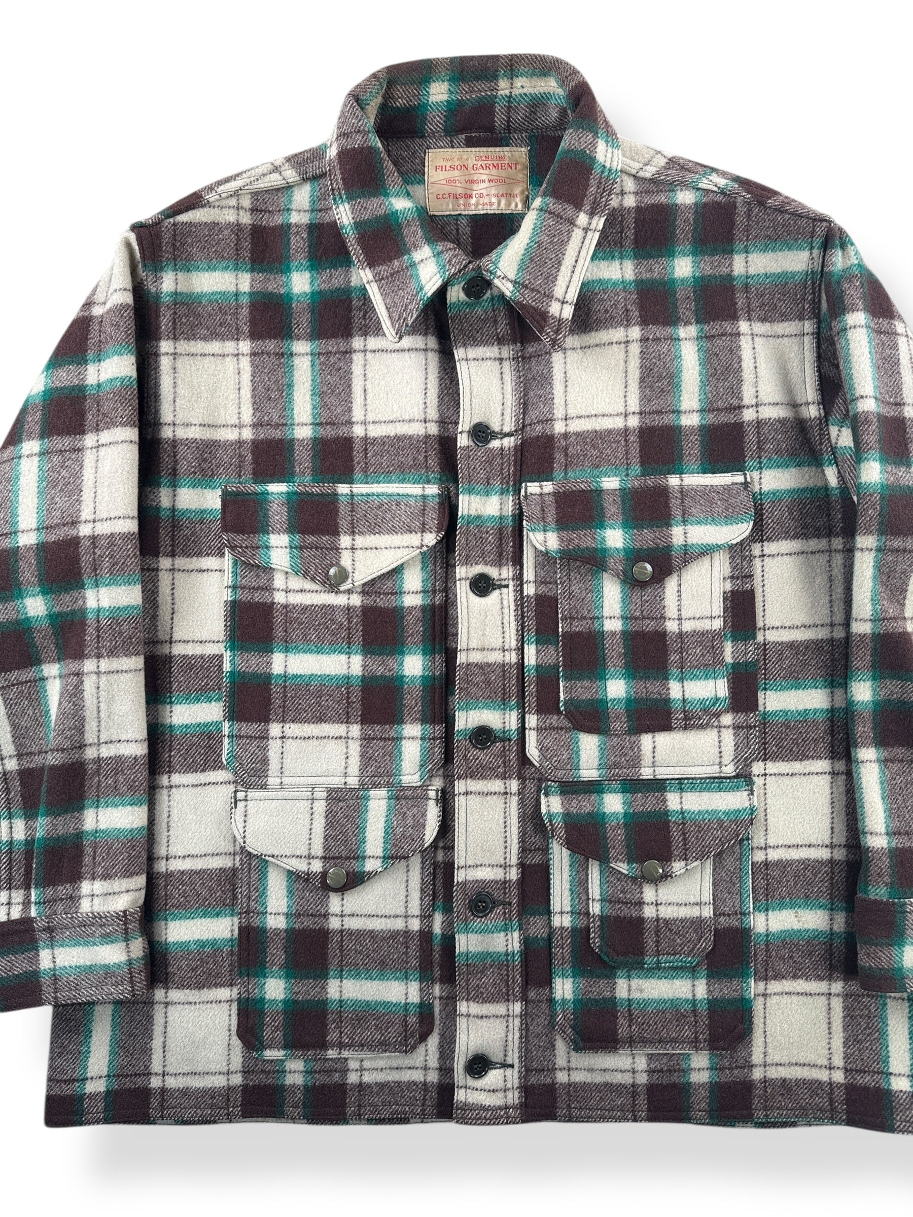 Front Close Up of Vintage 1951 Filson Peppermint Patty Mackinaw Cruiser Jacket SZ XL