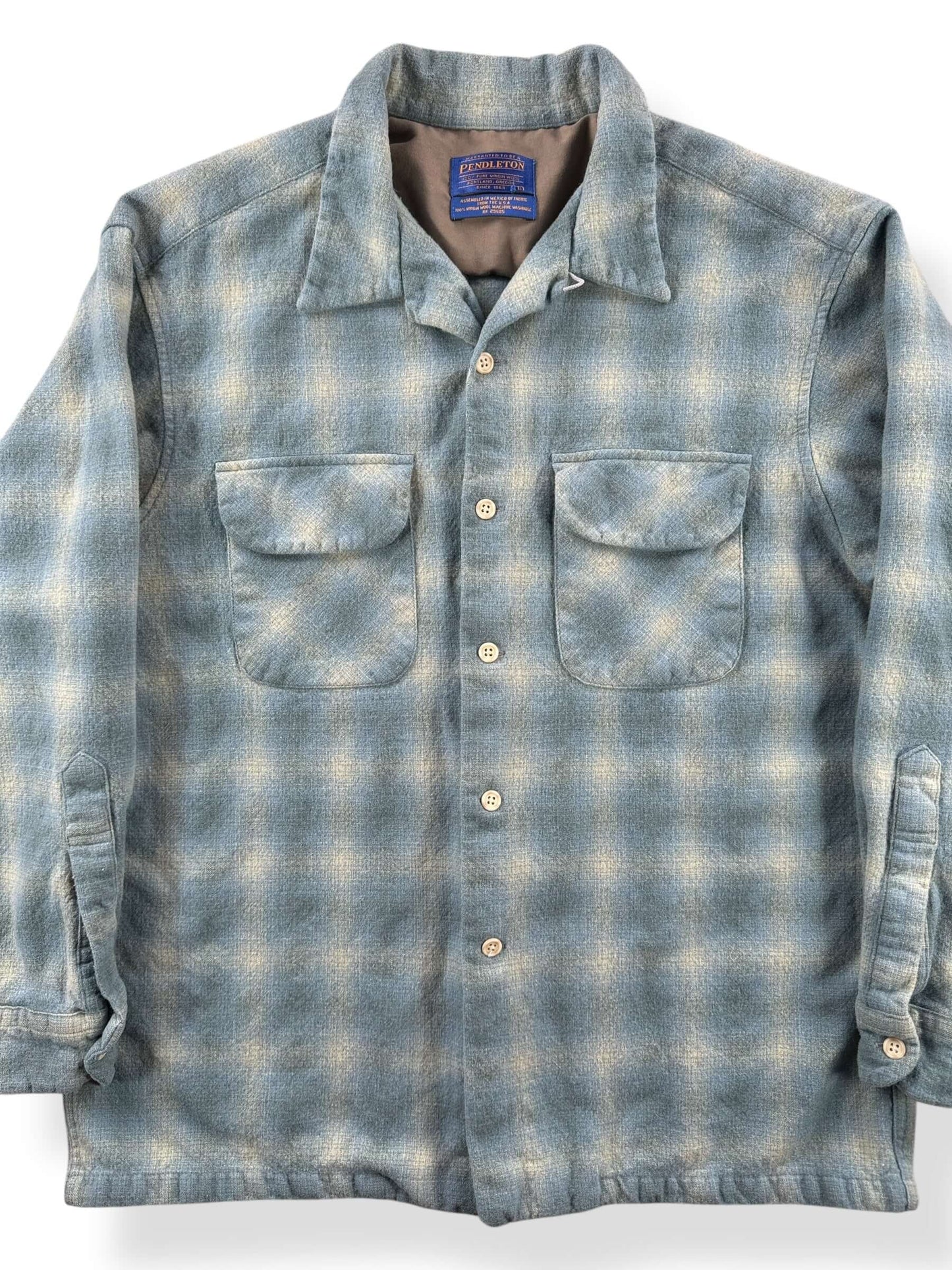 Front Close Up of Vintage Made In Mexico Pendleton Blue Plaid Board Shirt SZ L