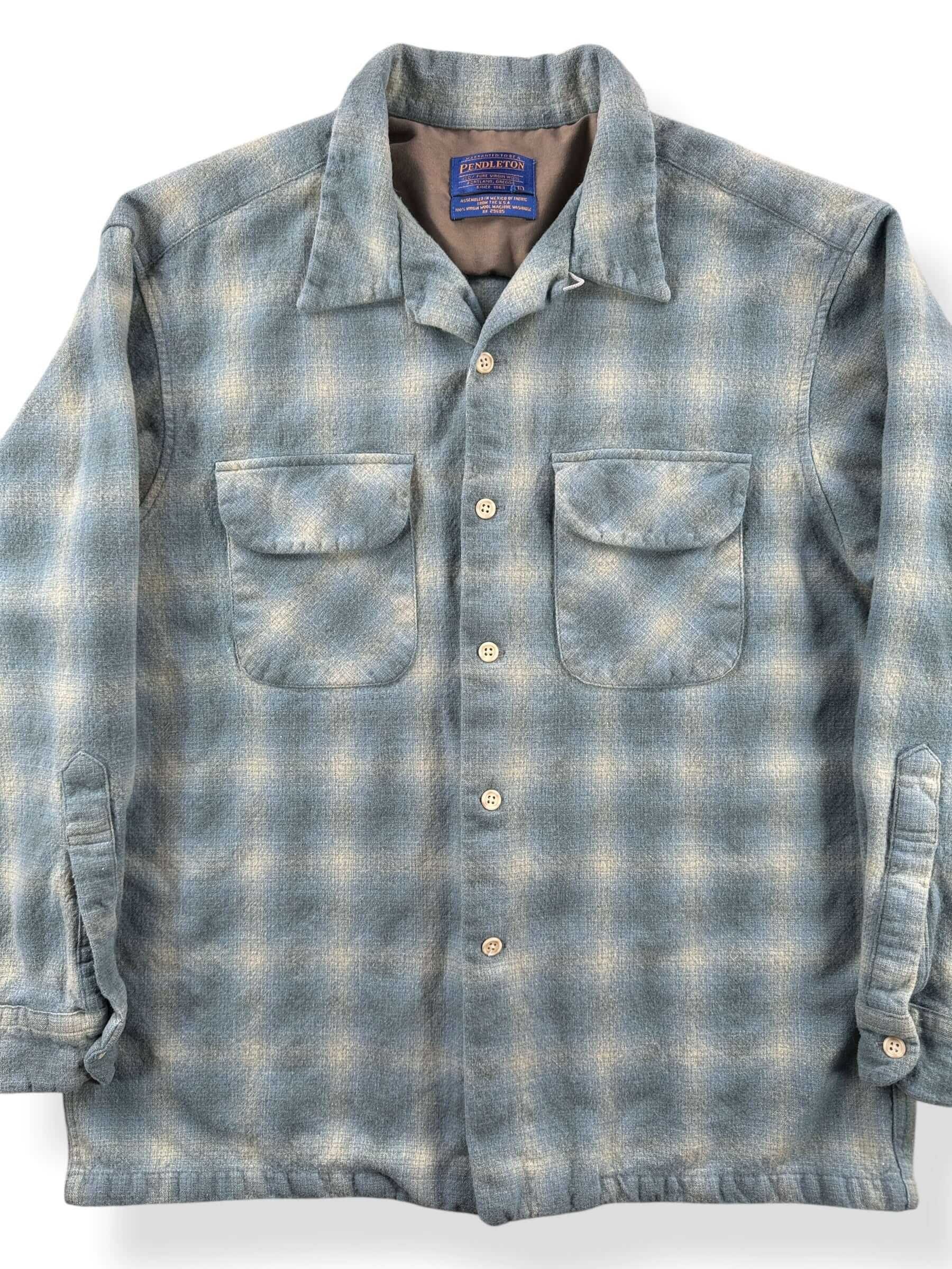 Front Close Up of Vintage Made In Mexico Pendleton Blue Plaid Board Shirt SZ L