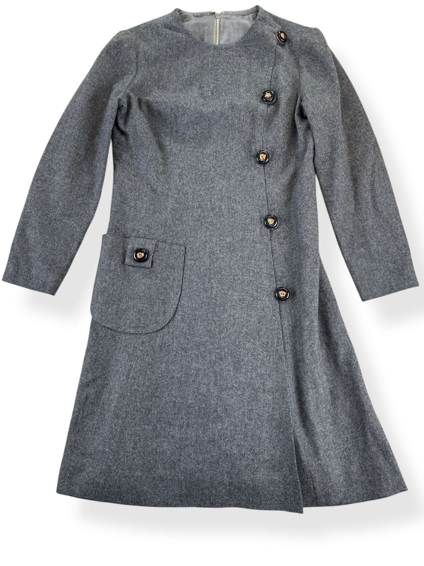 Front view of 1950s Bardley Grey Felted Wool Dress L