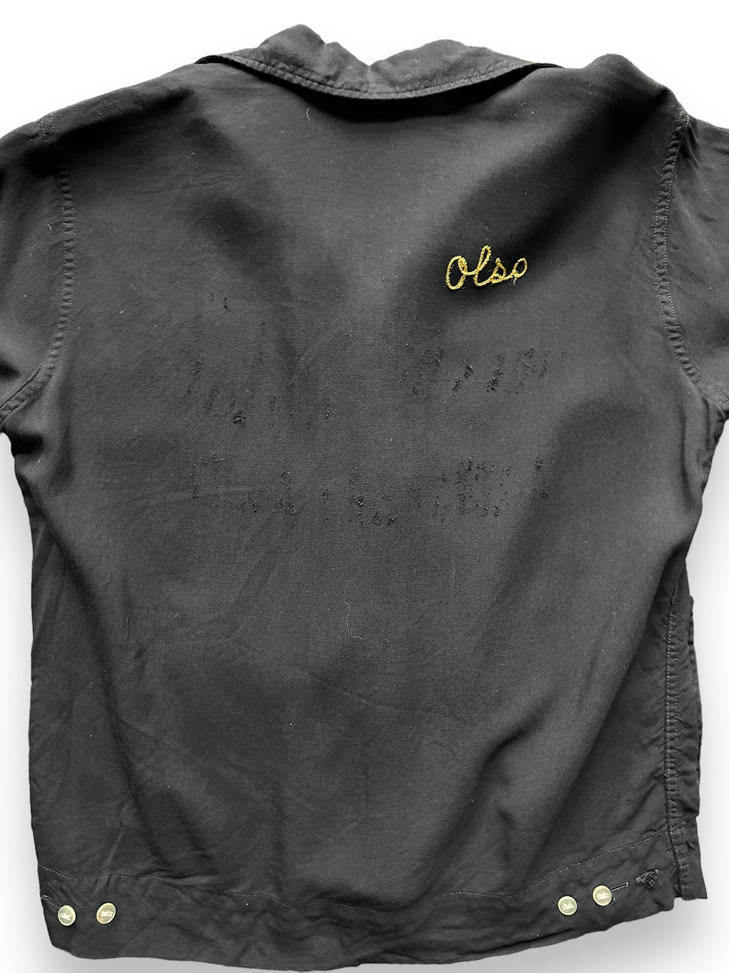 back close up of Vintage Black Rayon Ladies Bowling Shirt SZ 32 | Vintage Bowling Shirt Seattle | Barn Owl Vintage Seattle