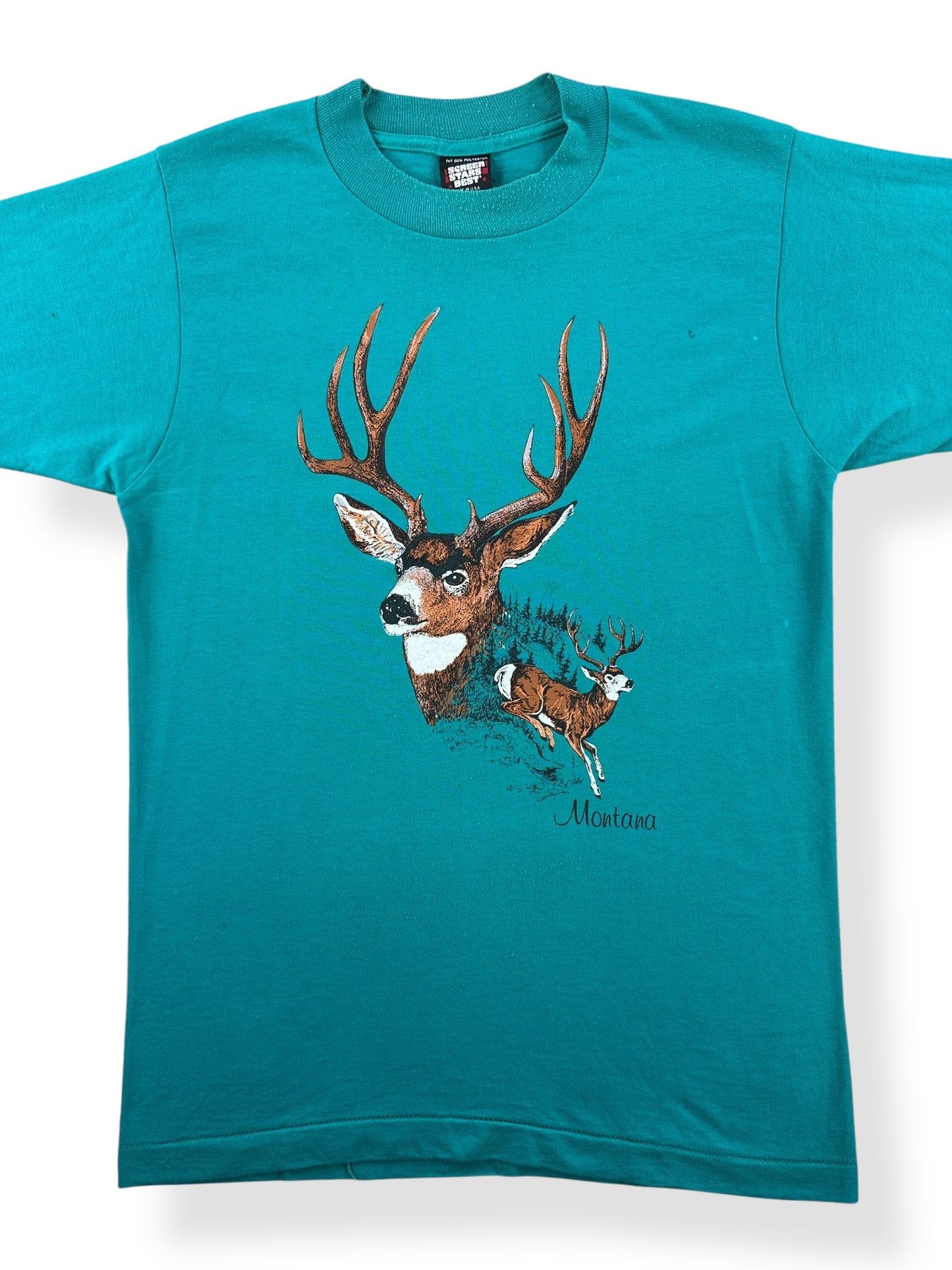 Front Close Up of Vintage Montana Deer Tee SZ M