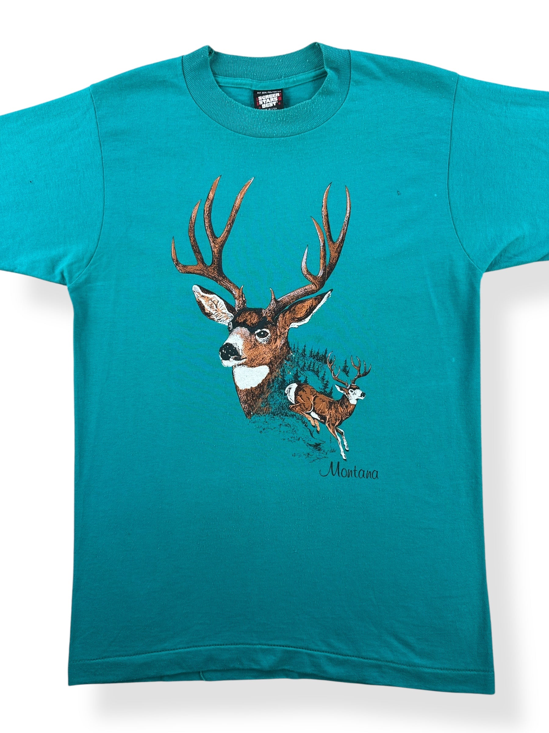 Front Close Up of Vintage Montana Deer Tee SZ M