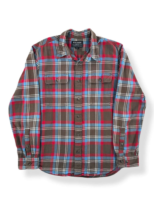 Front of Filson Brown Blue Cream Plaid Cotton Flannel SZ M
