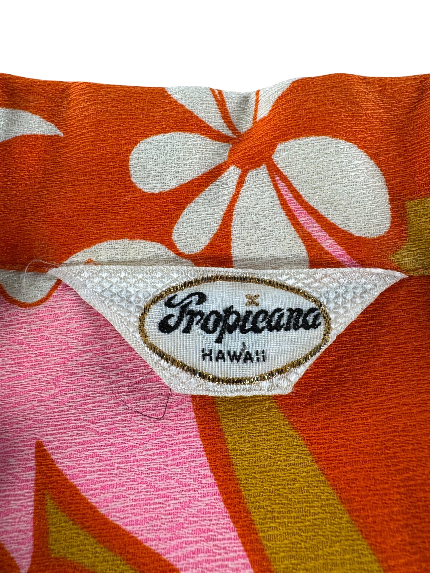 Tag on Vintage Tropicana Psychedelic Barkcloth Aloha Shirt SZ XL
