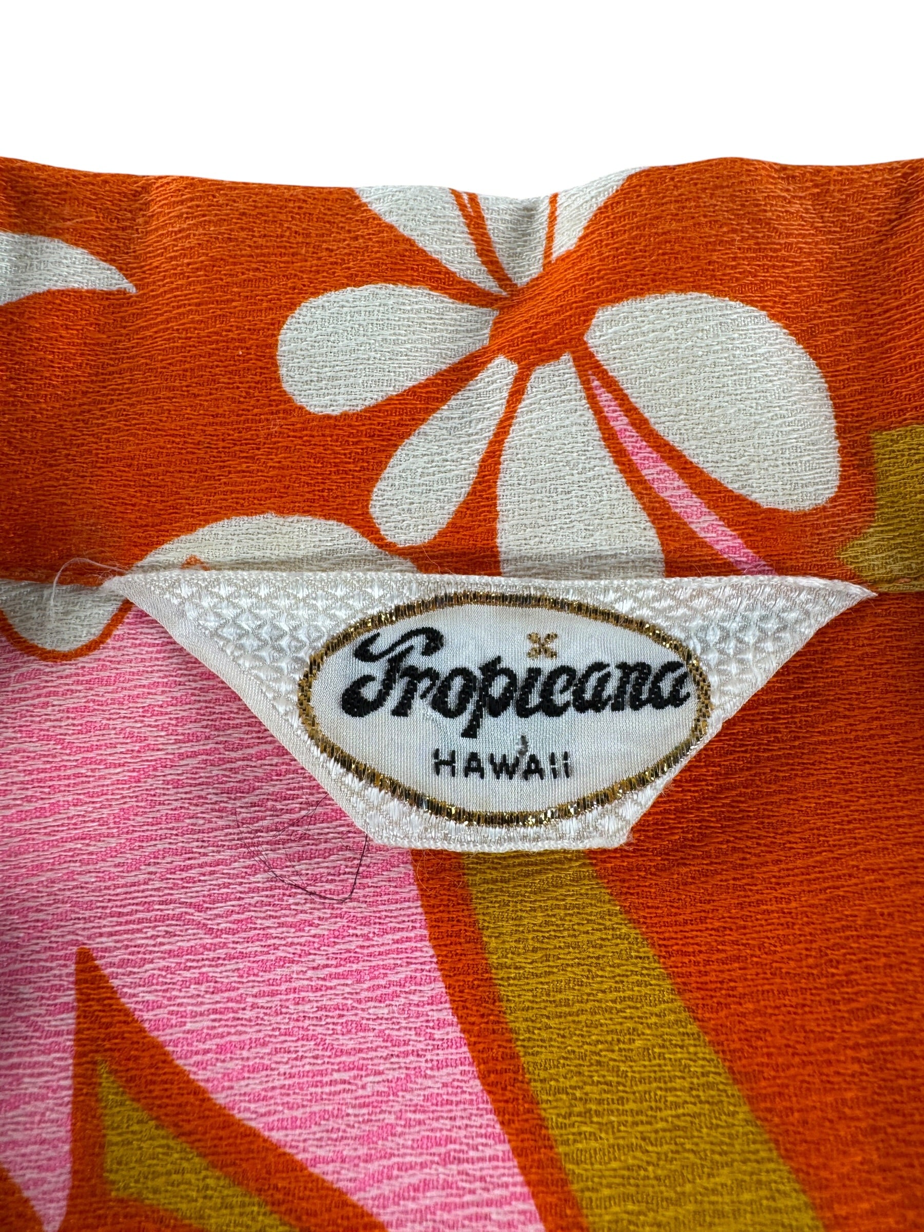 Tag on Vintage Tropicana Psychedelic Barkcloth Aloha Shirt SZ XL