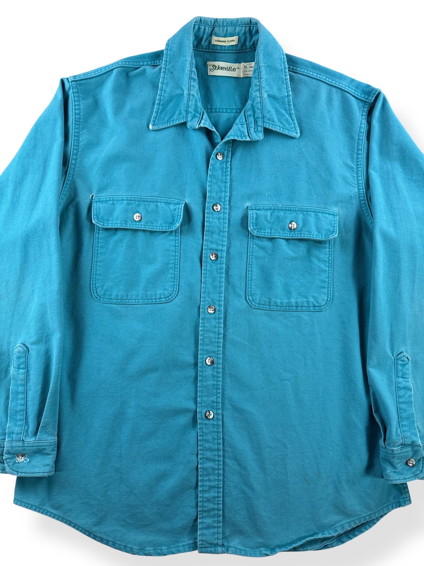 Front Close Up of Vintage St. John's Bay Teal Chamois Shirt SZ XL Tall