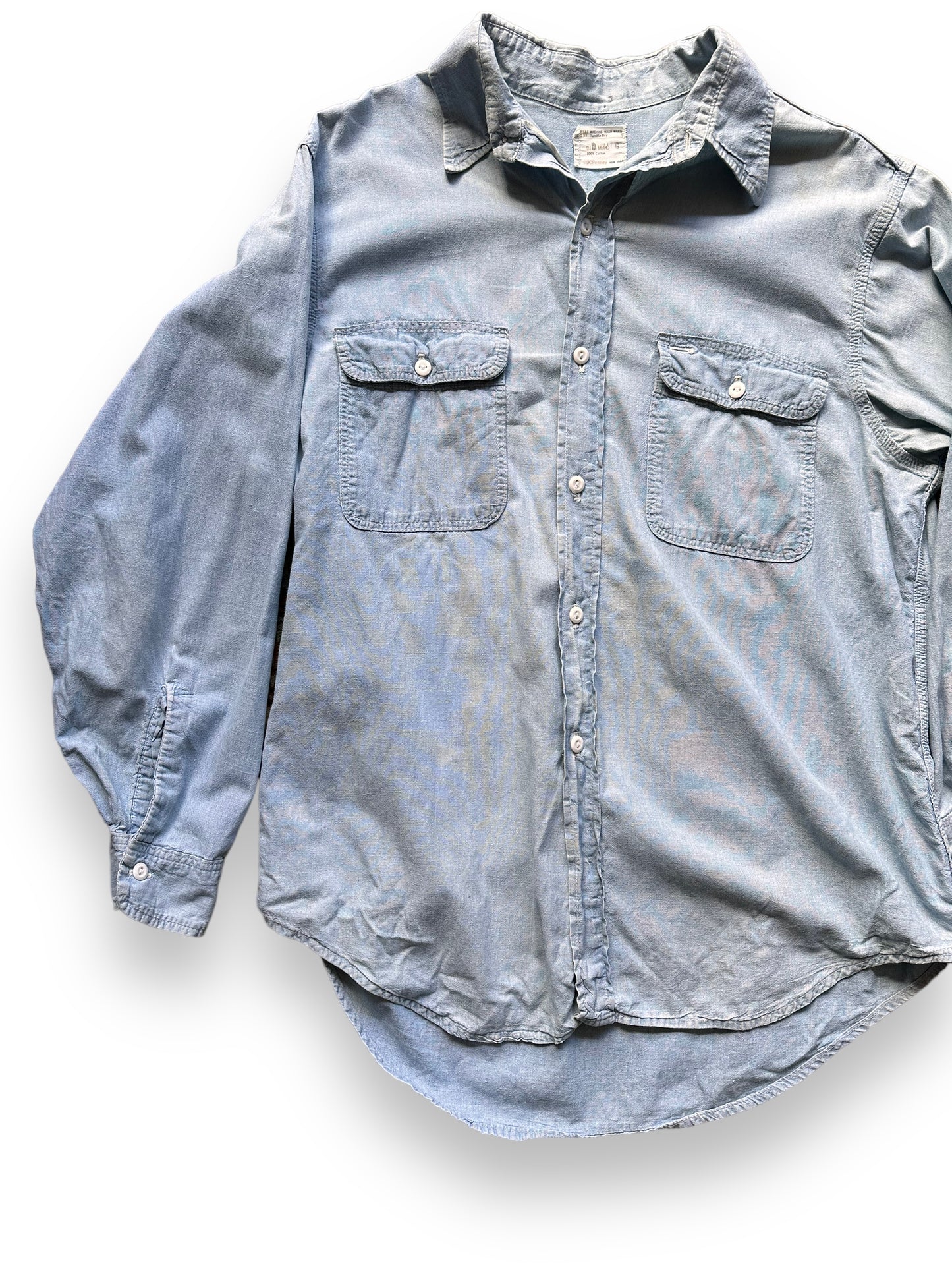 Front Left View of Vintage Penney's Paramount Pictures 100% Cotton Chambray Shirt SZ XL | Vintage Chambray Work Shirt Seattle | Vintage Clothing Seattle