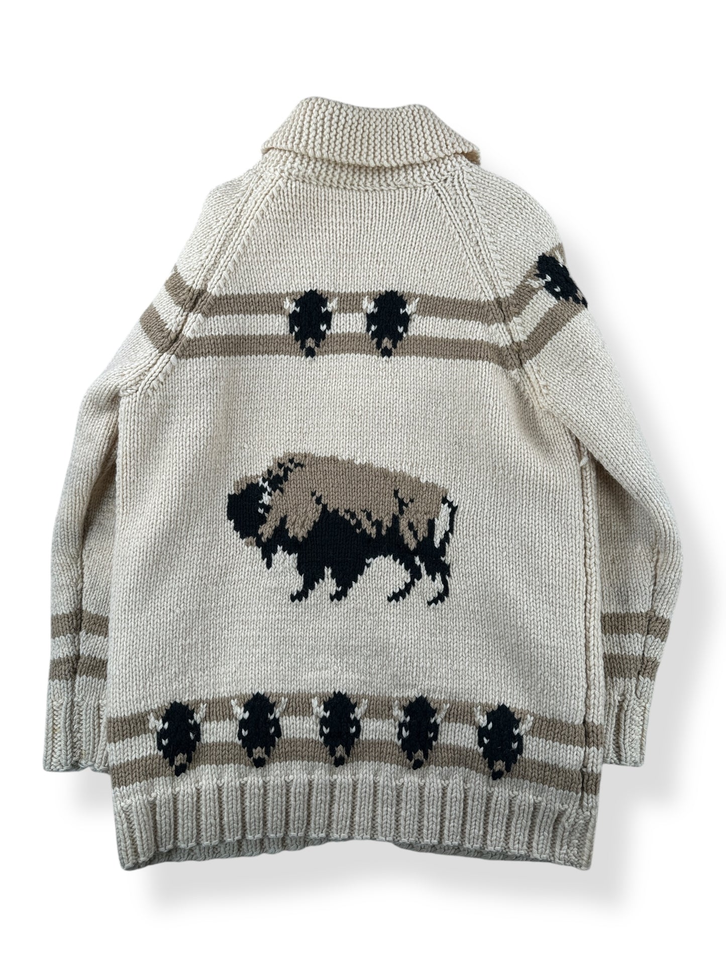 Back of Vintage Lined Mary Maxim Buffalo Pattern Cowichan Sweater SZ L