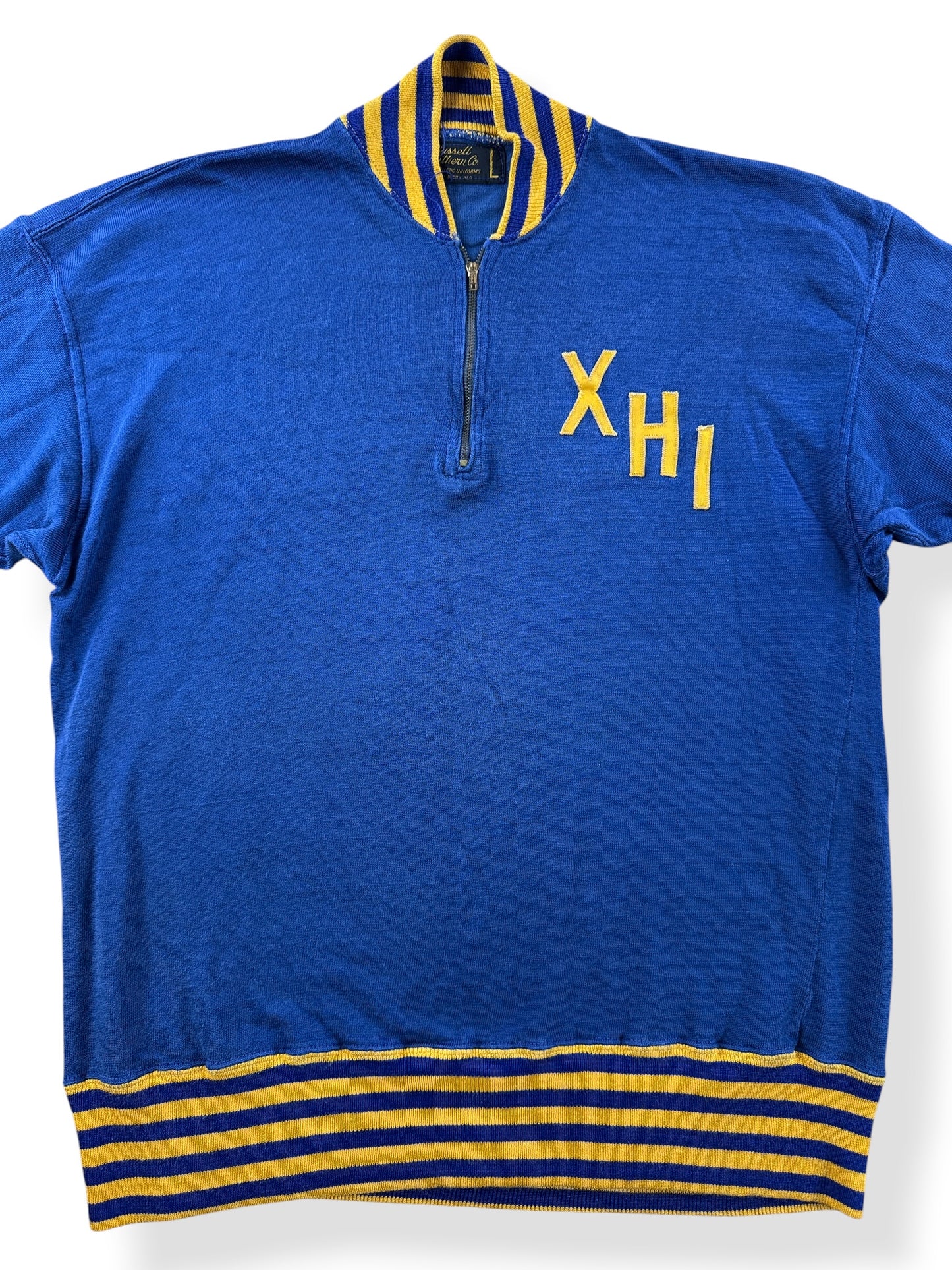 Front Close Up of Vintage Russell Southern Blue & Yellow 1/4 Zip Durene Jersey SZ L (Fits M)