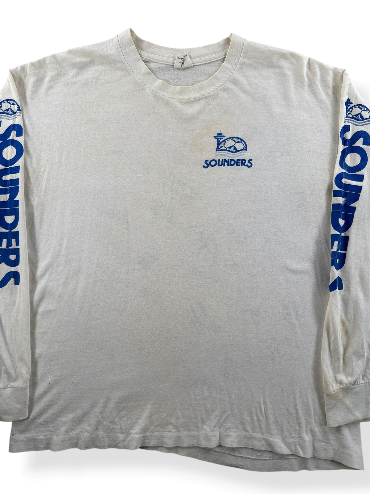 Close-up of Vintage 80s Sounders Signed LS Tee SZ L